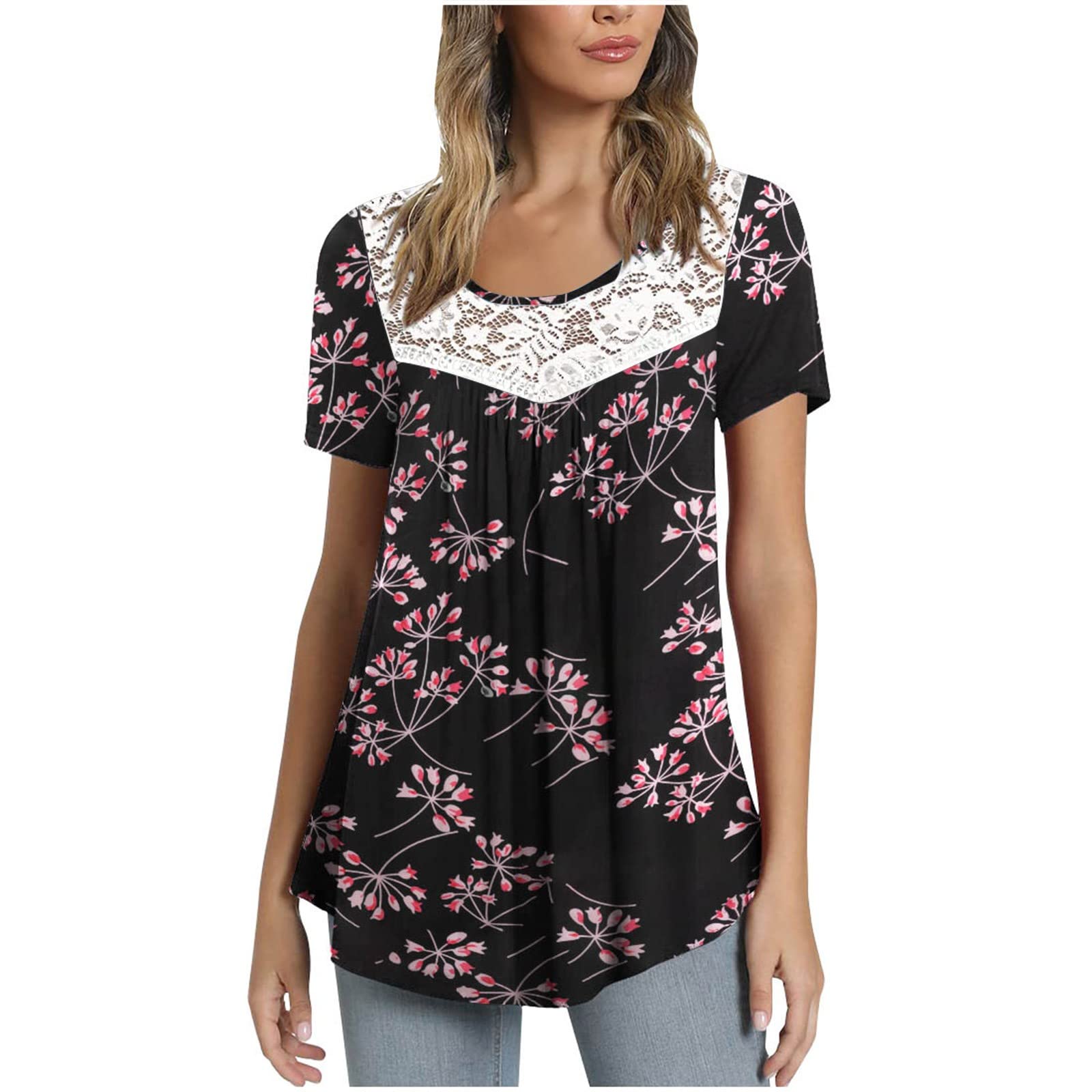 Elegant Women's Lace Patchwork Printed Round Neck Short Blouse Tops - Stylish Dressy Casual Wear for Office, Party & Date Night