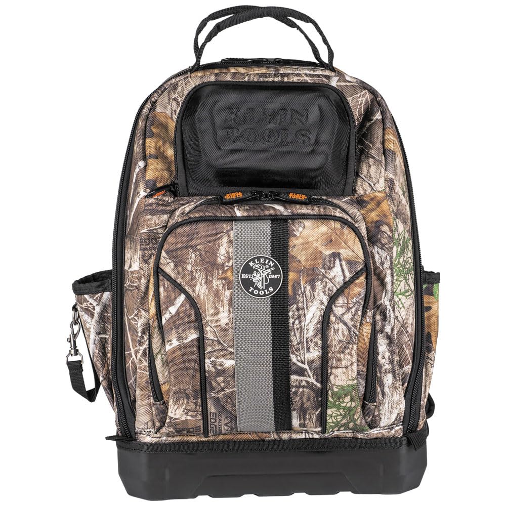 Klein Tools 62800BPCAMO Tradesman Pro Extra-Large 40-Pocket Camo Tool Backpack with Molded Bottom & Charging Port - Durable Jobsite Backpack for Electricians, Contractors & DIY Projects