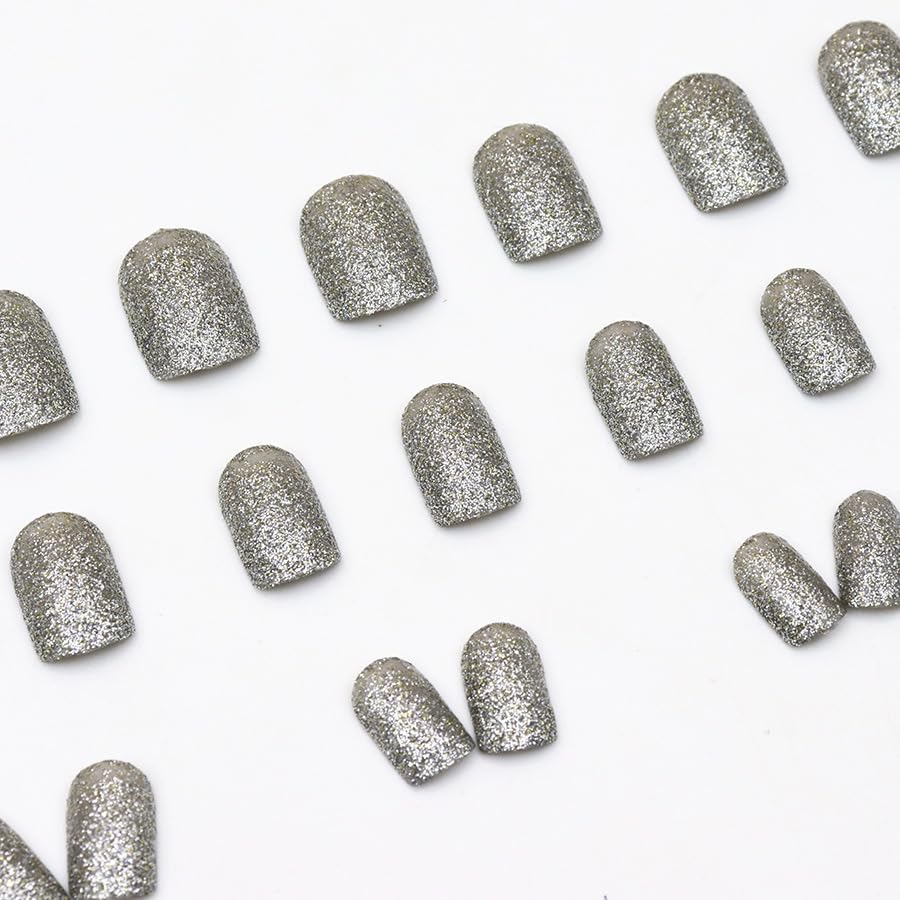 24Pcs Silver Glitter Press on Nails - Short Square Fake Nails with Blasting Designs | Shiny Full Cover Glossy Reusable Acrylic Stick on Nails for Women & Girls | Light Luxury Manicure for Parties, Weddings & Special Occasions