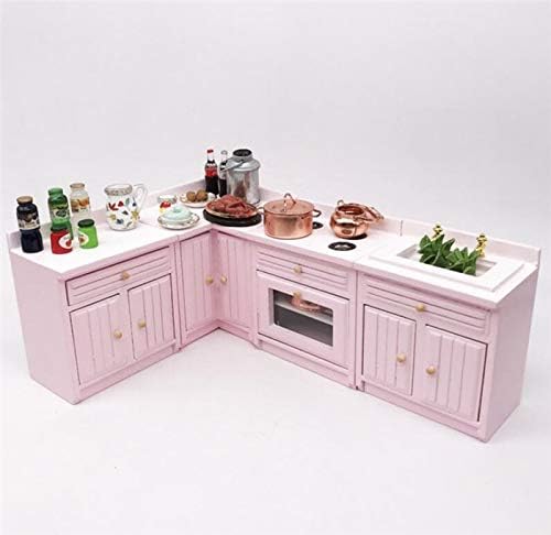 1:12 Scale Dollhouse Miniature Furniture - Pink Wooden Kitchen Cabinet Set with Sink & Countertops | Deluxe Miniature Kitchen Accessories for Dollhouse Decor | Perfect for Dollhouse Displays, Miniature Collectors & DIY Projects