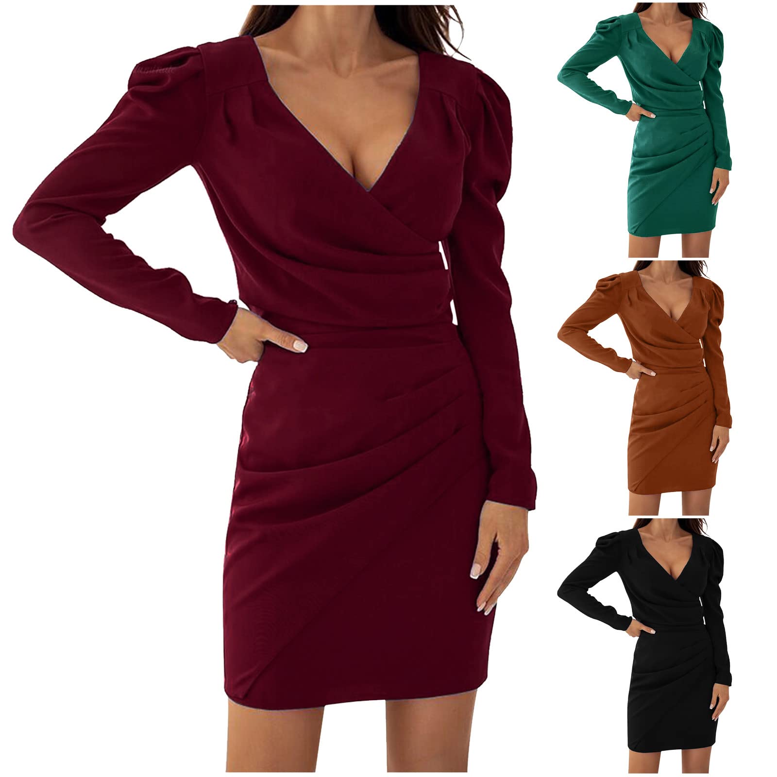 iZZZHH Women's Long Black V-Neck Mini Swing Dress - Elegant Party, Wedding Guest & Formal Fall Dress with Long Sleeves | Perfect for Cocktail Parties, Date Nights & Special Occasions