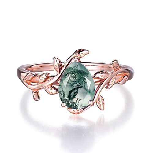 Natural Green Moss Agate Pear Shape Engagement Ring - Vintage Solitaire Gemstone Ring with Healing Crystal - Unique Promise Ring for Women - Perfect for Weddings, Anniversaries & Spiritual Healing