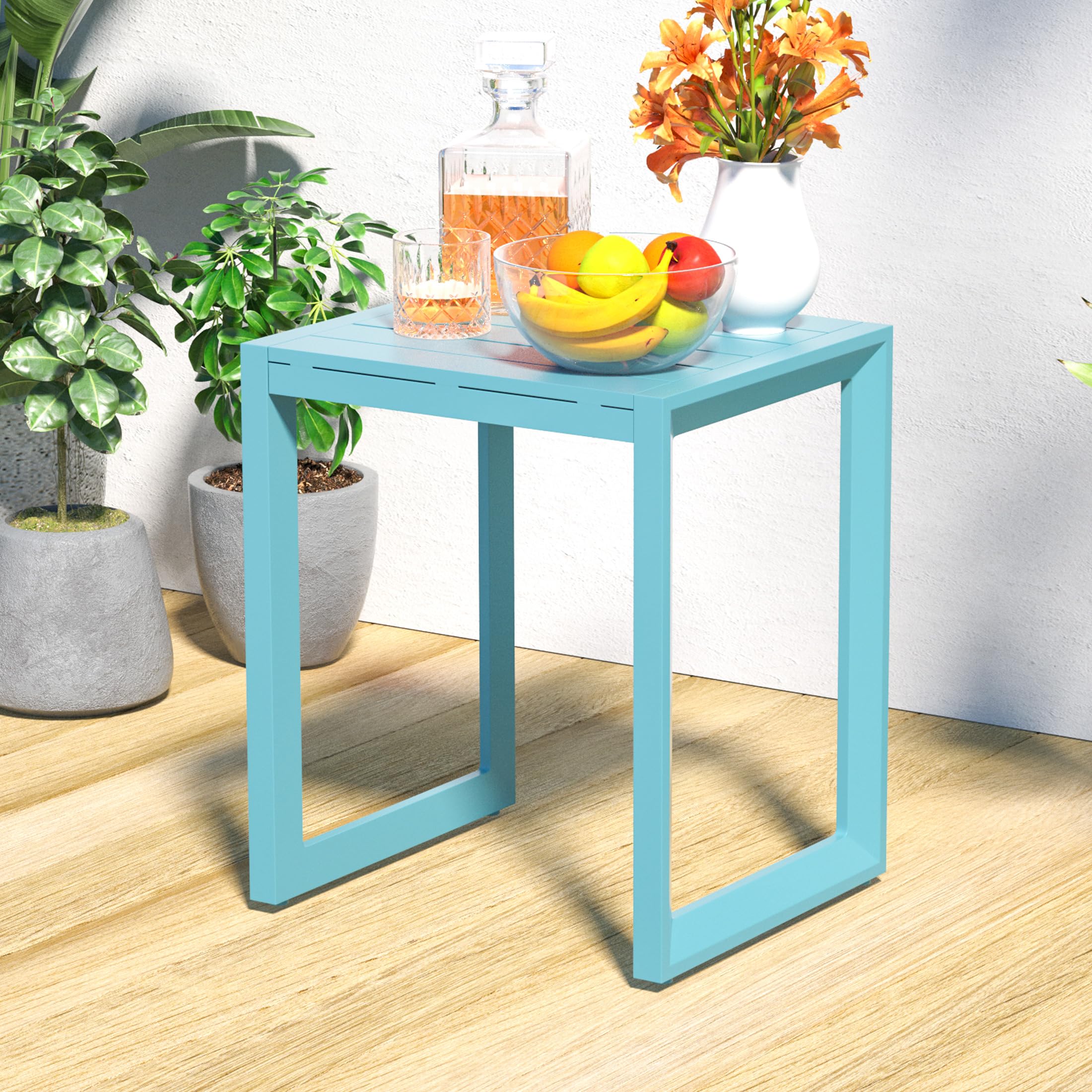 Outdoor Aluminum Side Table - Small Square Patio Coffee Bistro End Table in Lake Blue for Garden, Balcony & Poolside Relaxation