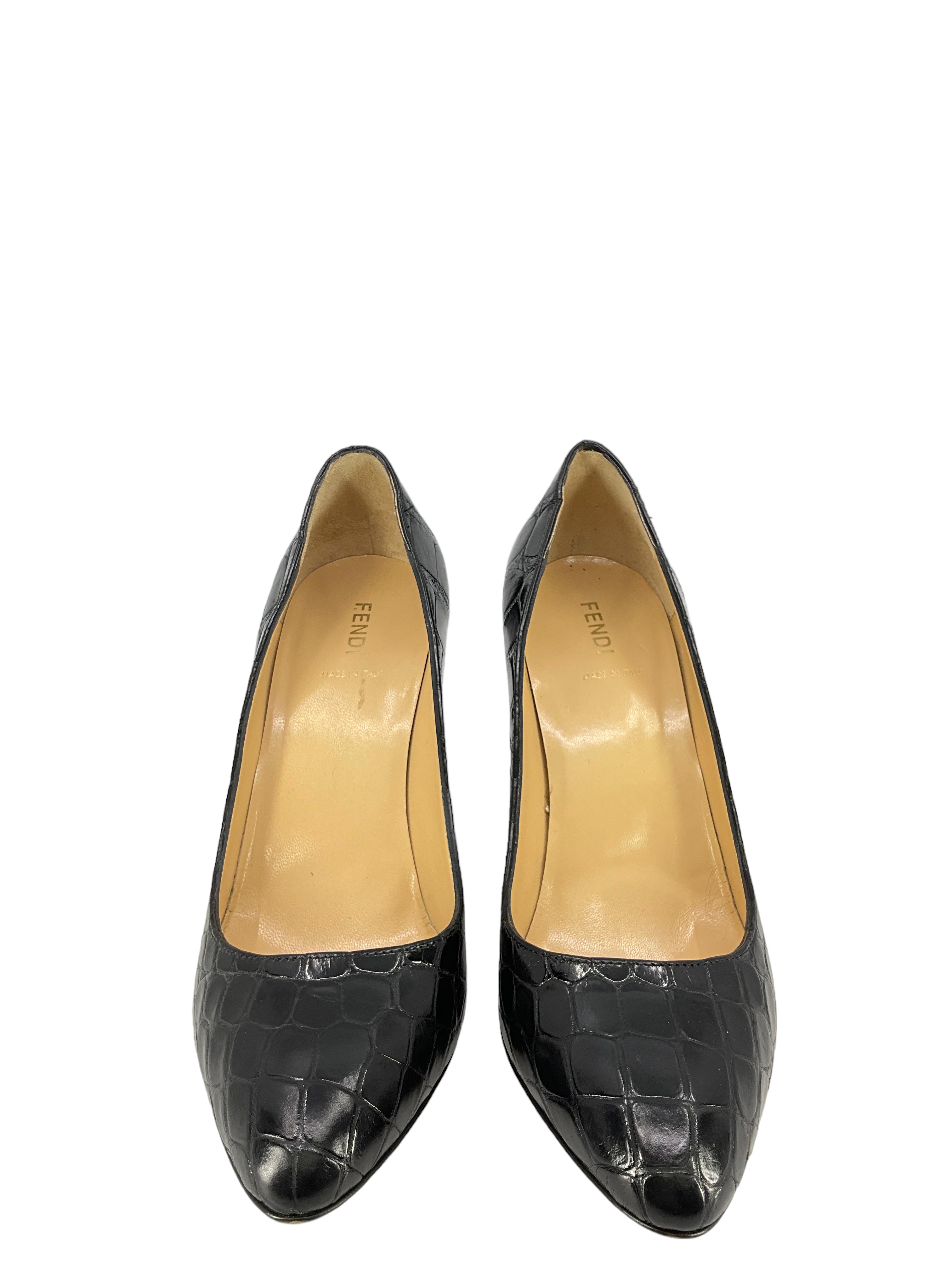 Fendi Black Crocodile Embossed Leather Pumps Women's Size 8 | Luxury High Heels for Evening Parties, Weddings & Formal Events