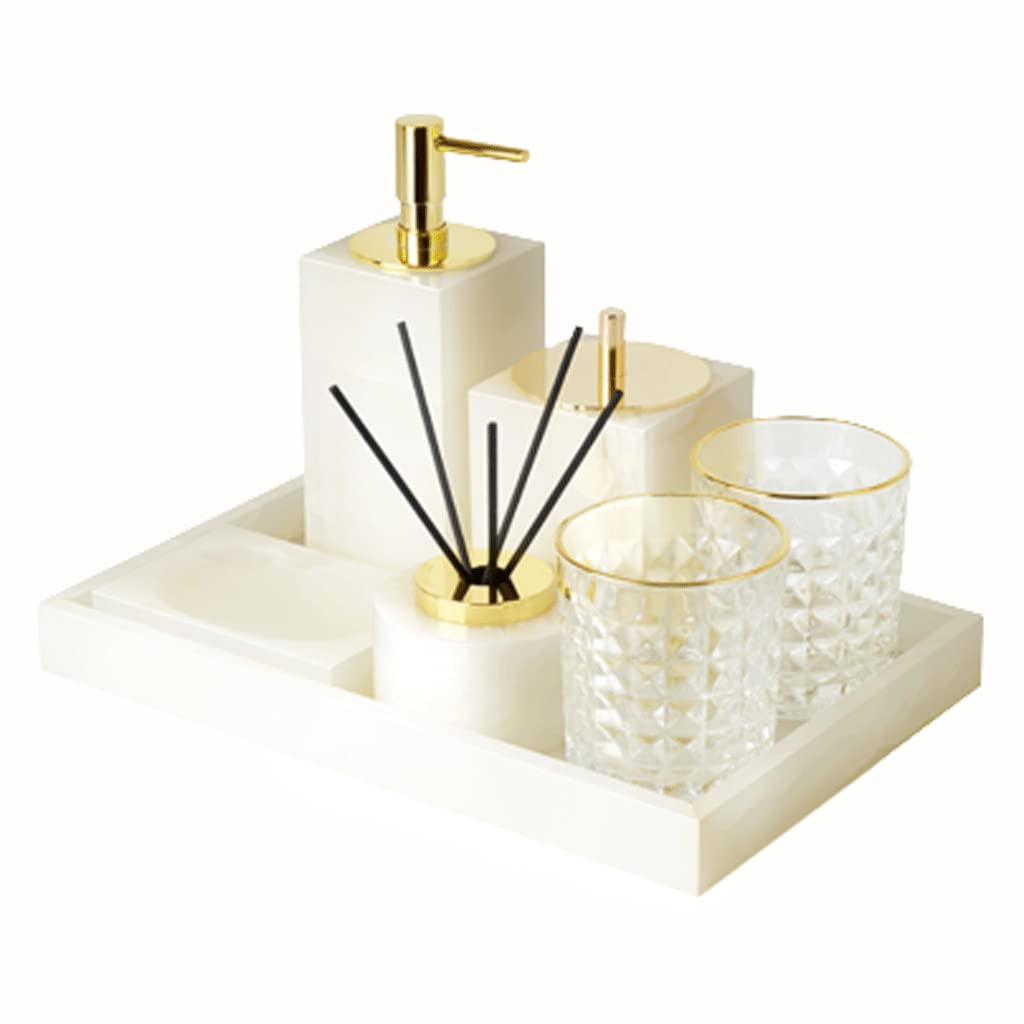 Premium 7-Piece White Jade Marble Bathroom Accessory Set - Soap Dispenser, Storage Jar, Tumbler & Reed Diffuser with Gold Pump - Elegant Home Decor for Modern Bathrooms & Spa-Like Luxury