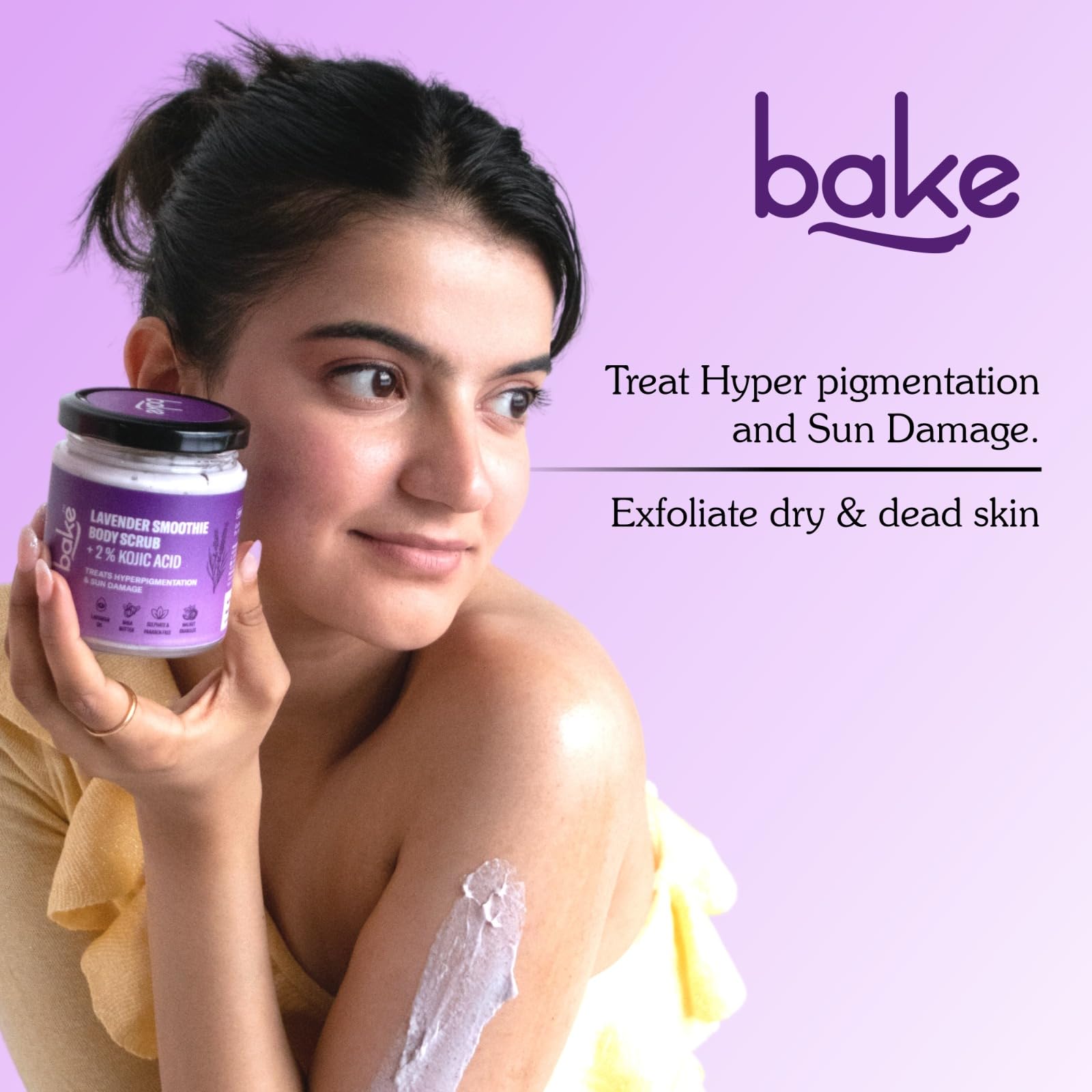 BAKE 2% Kojic Acid Lavender Body Scrub - Brightening & Exfoliating Treatment for Hyperpigmentation, Dark Spots & Uneven Skin Tone | Tan Removal & Skin Whitening | Targets Dark Knees, Elbows & Neck | 150g Natural Skincare | Perfect for Post-Sun Care & Pre-Party Glow Prep