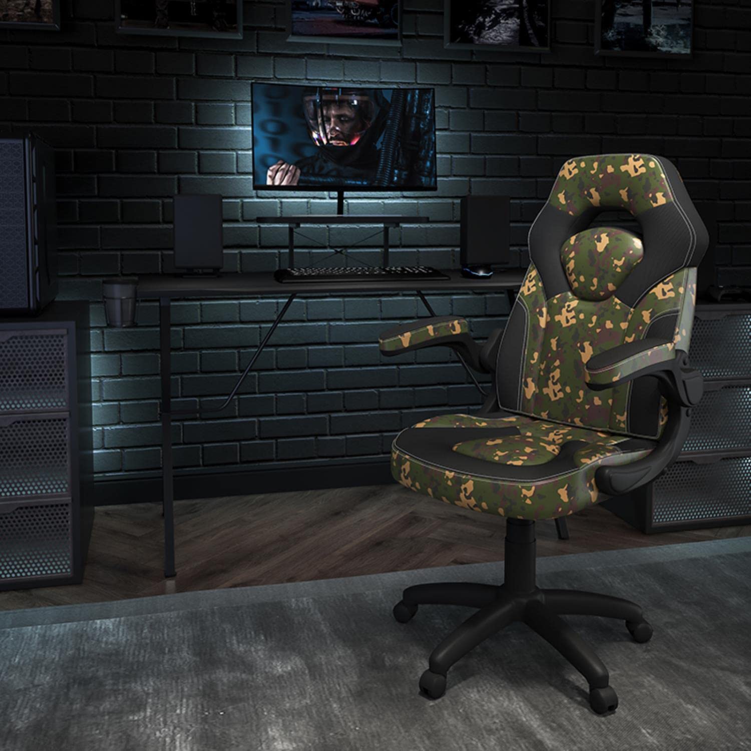 Flash Furniture Black Gaming Desk & Camouflage Racing Chair Set with Cup Holder, Headphone Hook, Monitor Stand - Perfect for PC Gaming Setup, Home Office, and Esports Tournaments