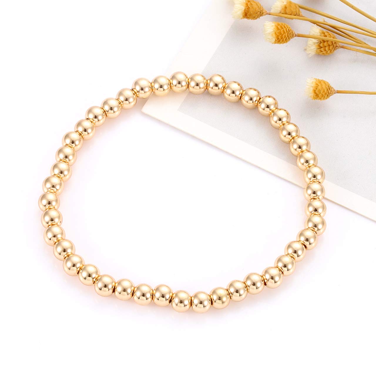 ANGLESJELL Gold Bead Bracelets for Women & Men - Stackable Brass Bead Ball Chain Stretch Bracelet Set - Elegant Bangle Jewelry for Birthday, Party, Holiday Gifts - Perfect for Everyday Wear, Layering & Special Occasions