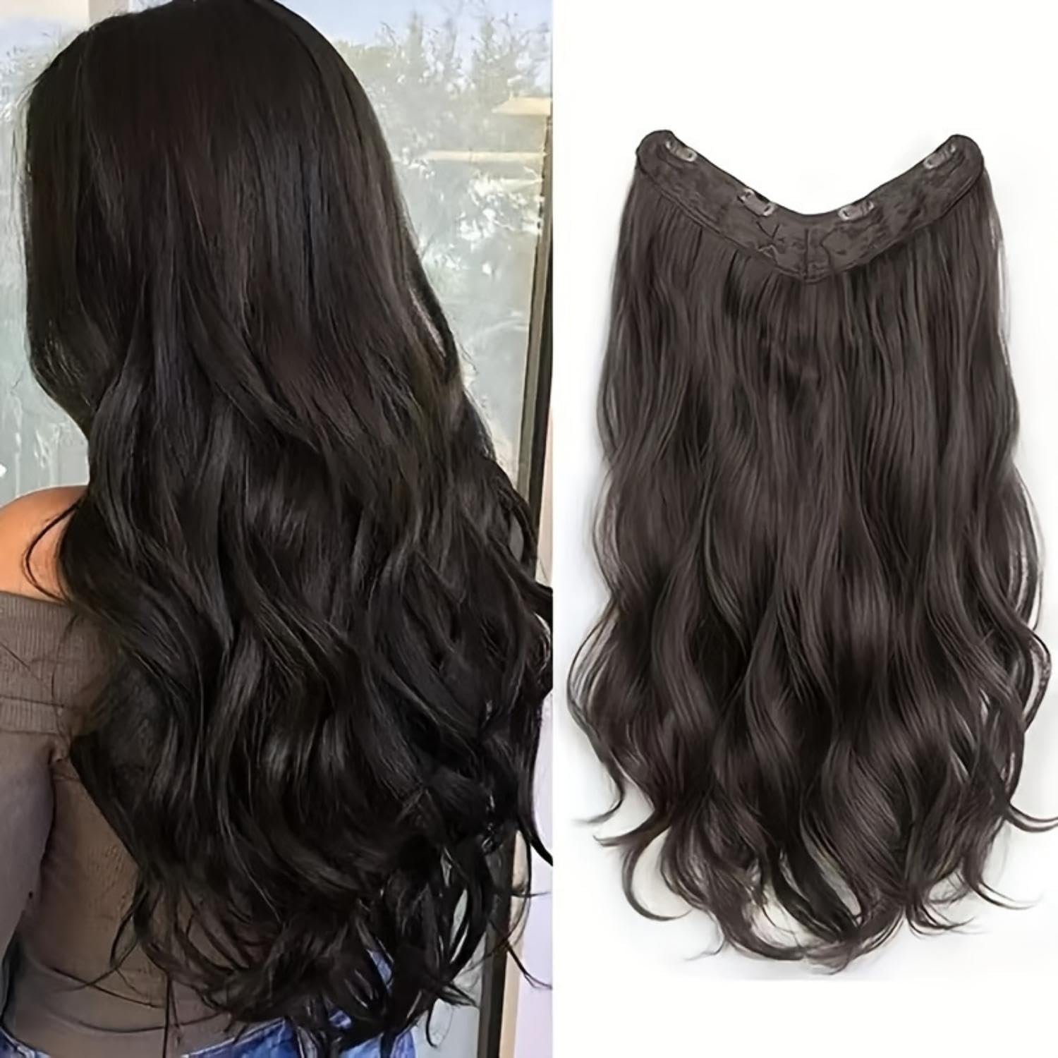 CHANDERKASH 24-Inch Synthetic Curly/Wavy Hair Extensions for Women - 5-Clip Lightweight Human Hair Extensions Set | Natural Brown | Perfect for Messy Bun, Party, Wedding & Daily Styling