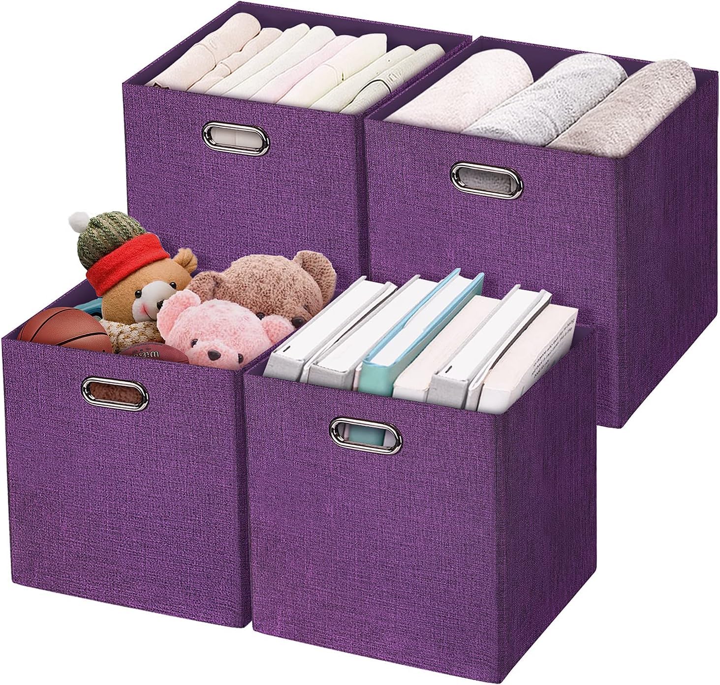 Foldable Fabric Storage Bins 11x11x11 Inches - Set of 4 Purple Closet Organizer Cubes for Shelves, Cabinets & Bookcases | Perfect for Home, Office & Kids Room Organization