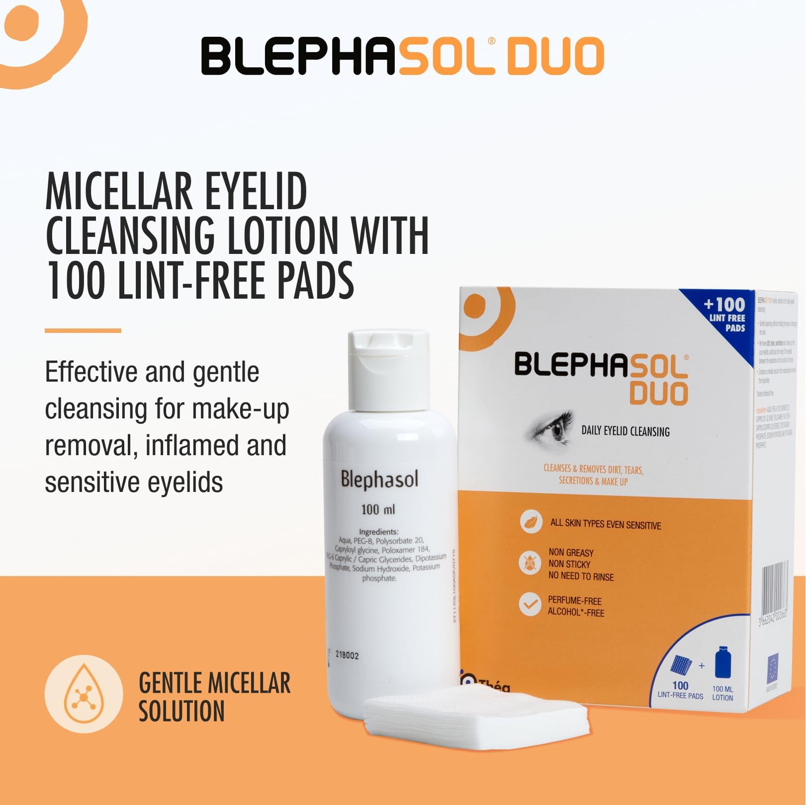 Blephasol Duo 100ml Micellar Eyelid Cleansing Lotion with 100 Lint-Free Pads | Gentle Makeup Remover for Sensitive Eyes | Soap & Alcohol-Free | Perfect for Daily Eyelid Hygiene & Makeup Removal