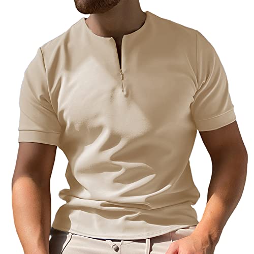 Men's Slim Fit Zipper Polo Shirts - Short Sleeve Collarless Henley T-Shirts for Casual Wear | Breathable & Comfortable Basic Tops for Everyday, Work & Outdoor Activities
