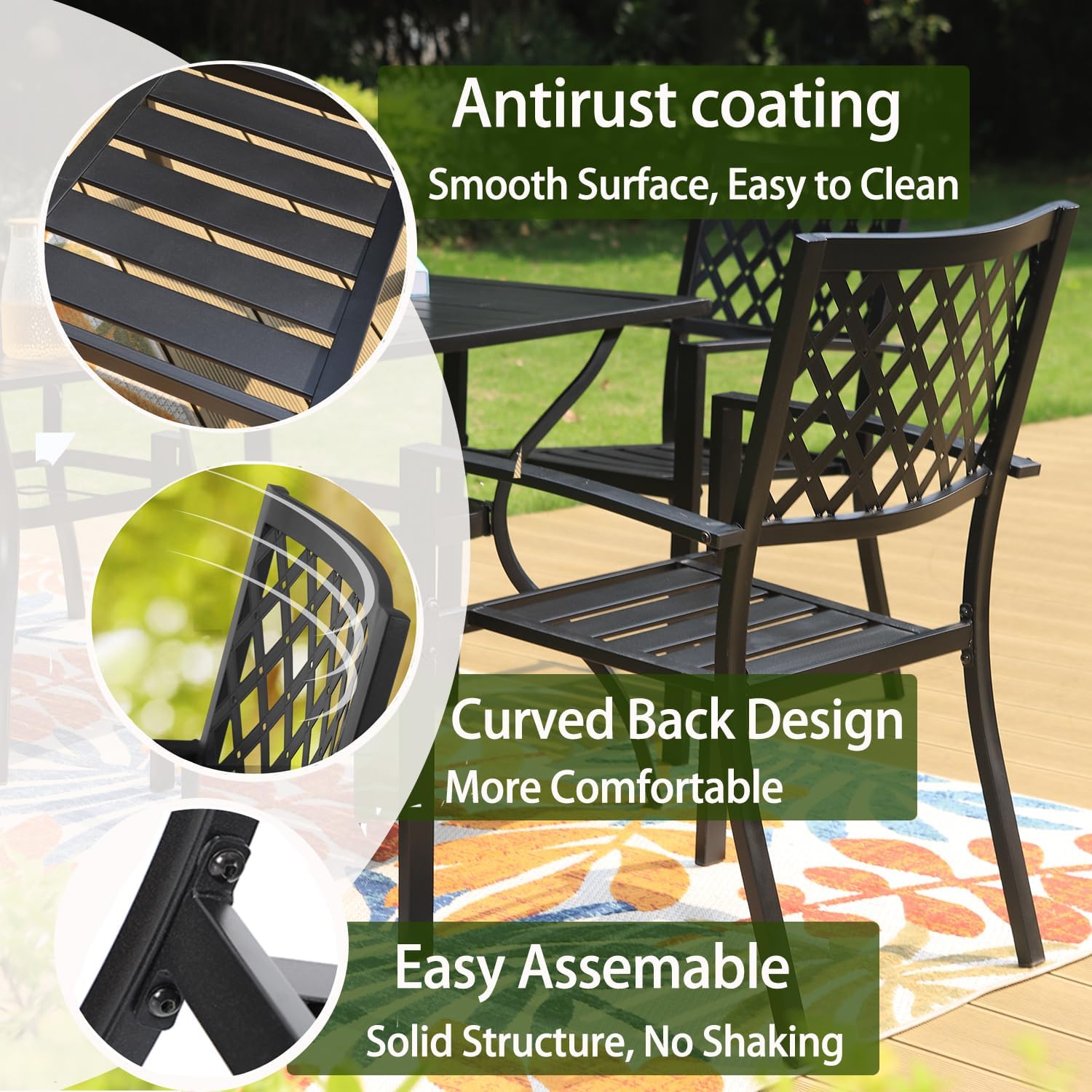 PHI VILLA Black Wrought Iron Stackable Patio Dining Chairs - 2-Piece Outdoor Bistro Set with Armrests & Fishnet Design | Perfect for Garden, Balcony, Restaurant & Cafe Seating