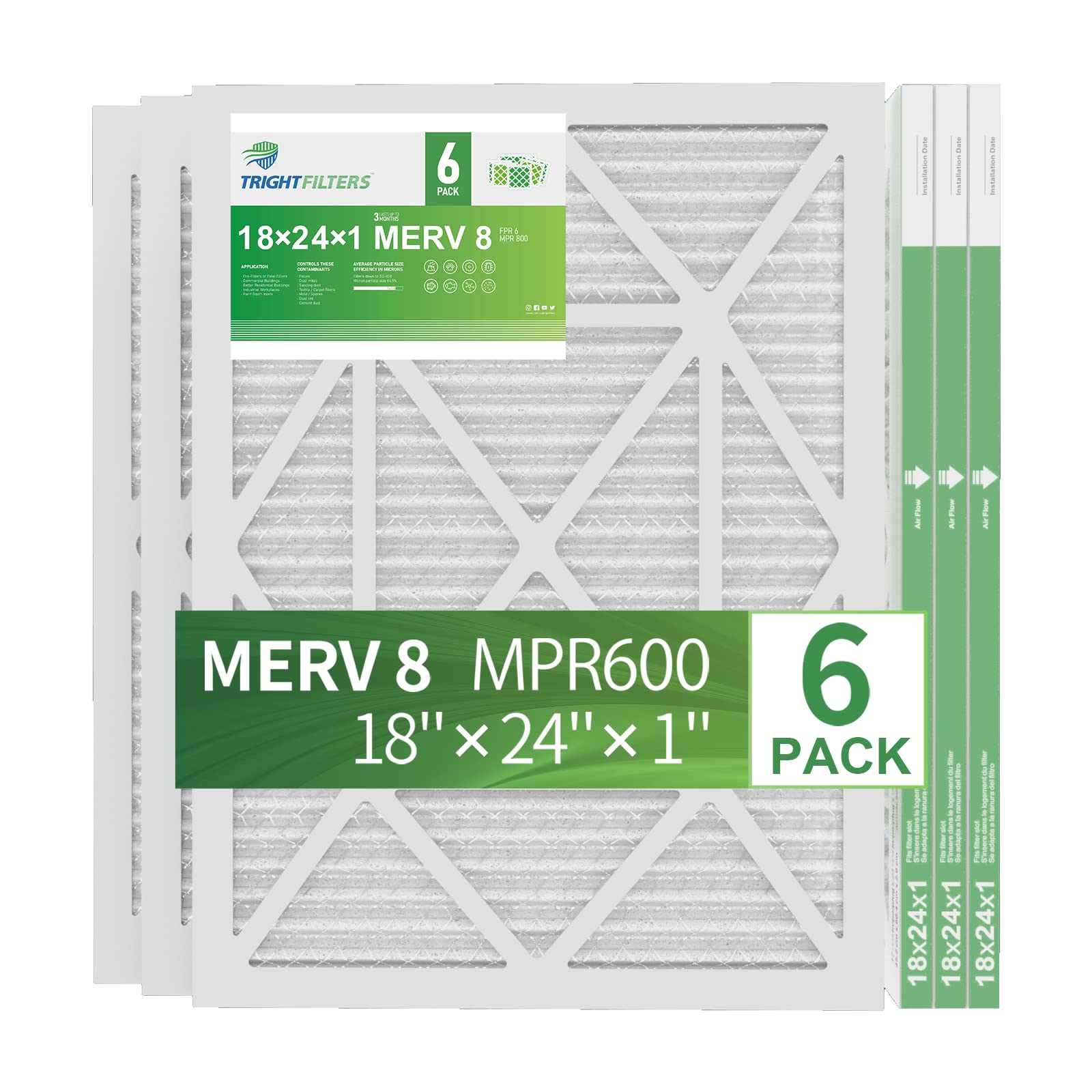 18x24x1 Air Filter MERV 8 - 6 Pack HVAC Replacement Filters for AC, Furnace & Air Conditioner (17.8x23.78x0.79) - Perfect for Home, Office & Commercial Use