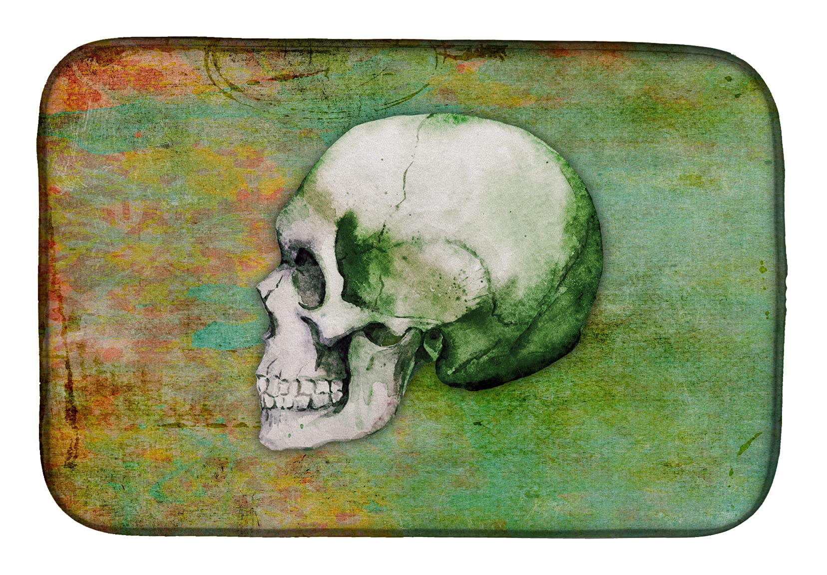 Day of the Dead Green Skull Dish Drying Mat - Absorbent Kitchen Counter Pad (14x21