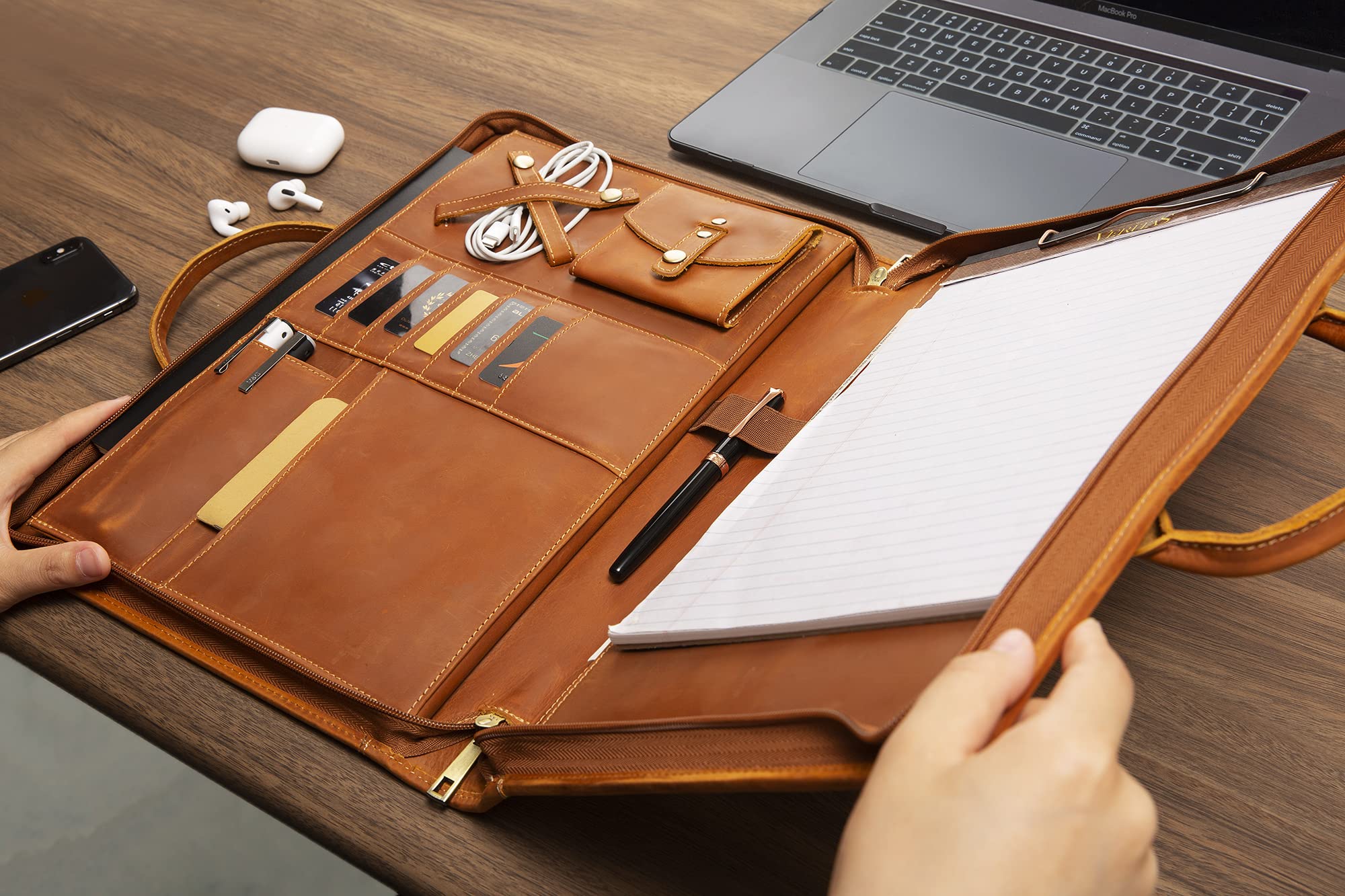 Premium Genuine Leather Portfolio Organizer with Handle & Zipper - Personalized Padfolio for Men & Women - Fits 15-inch Laptop & Legal Pad (Brown) - Ideal for Business Meetings, Office Work & Professional Presentations