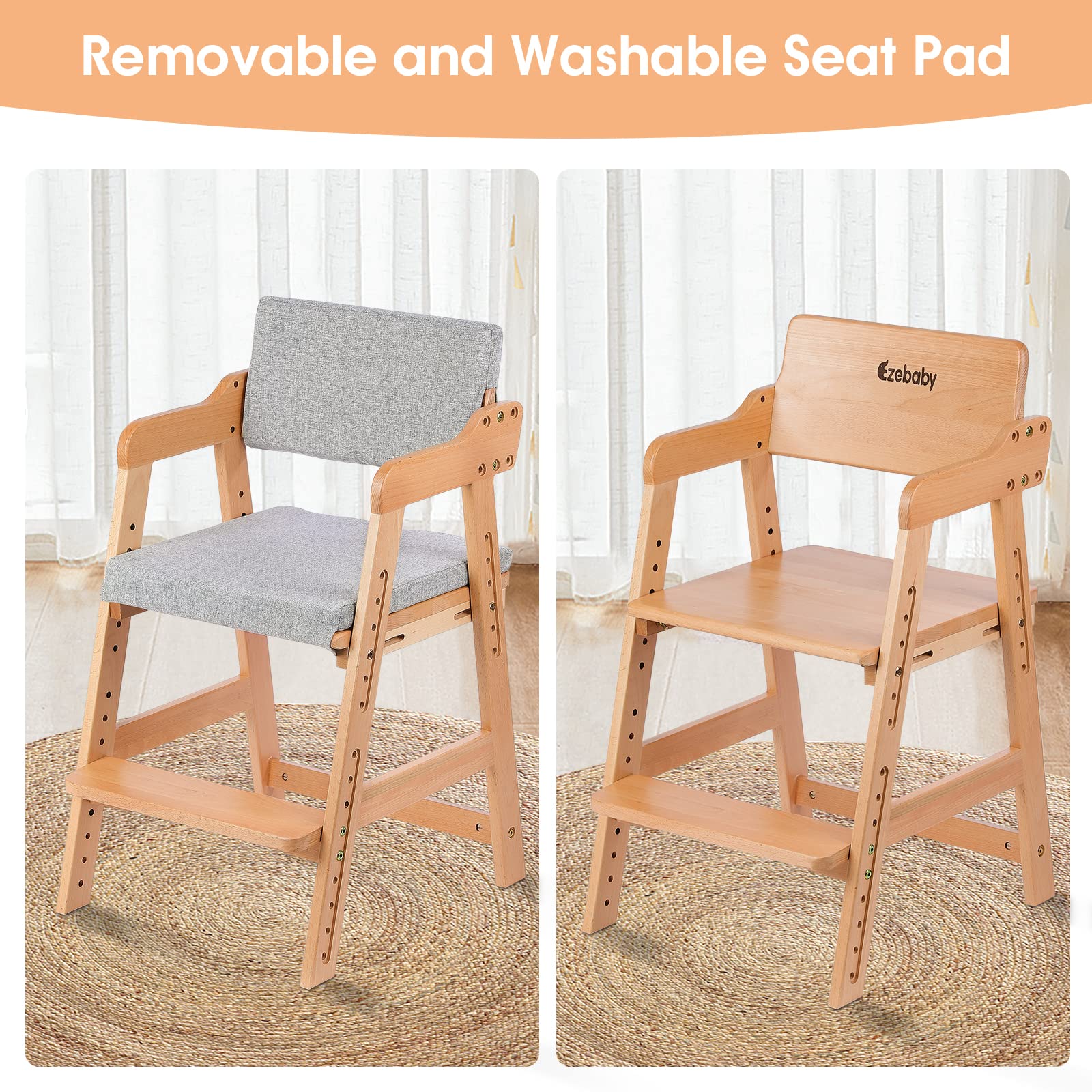 Ezebaby Adjustable Wooden High Chair for Toddlers to Teens - Kids Study & Dining Chair with Removable Cushion & Steps - Natural Wood Color - Perfect for Homeschooling, Mealtime & Playroom