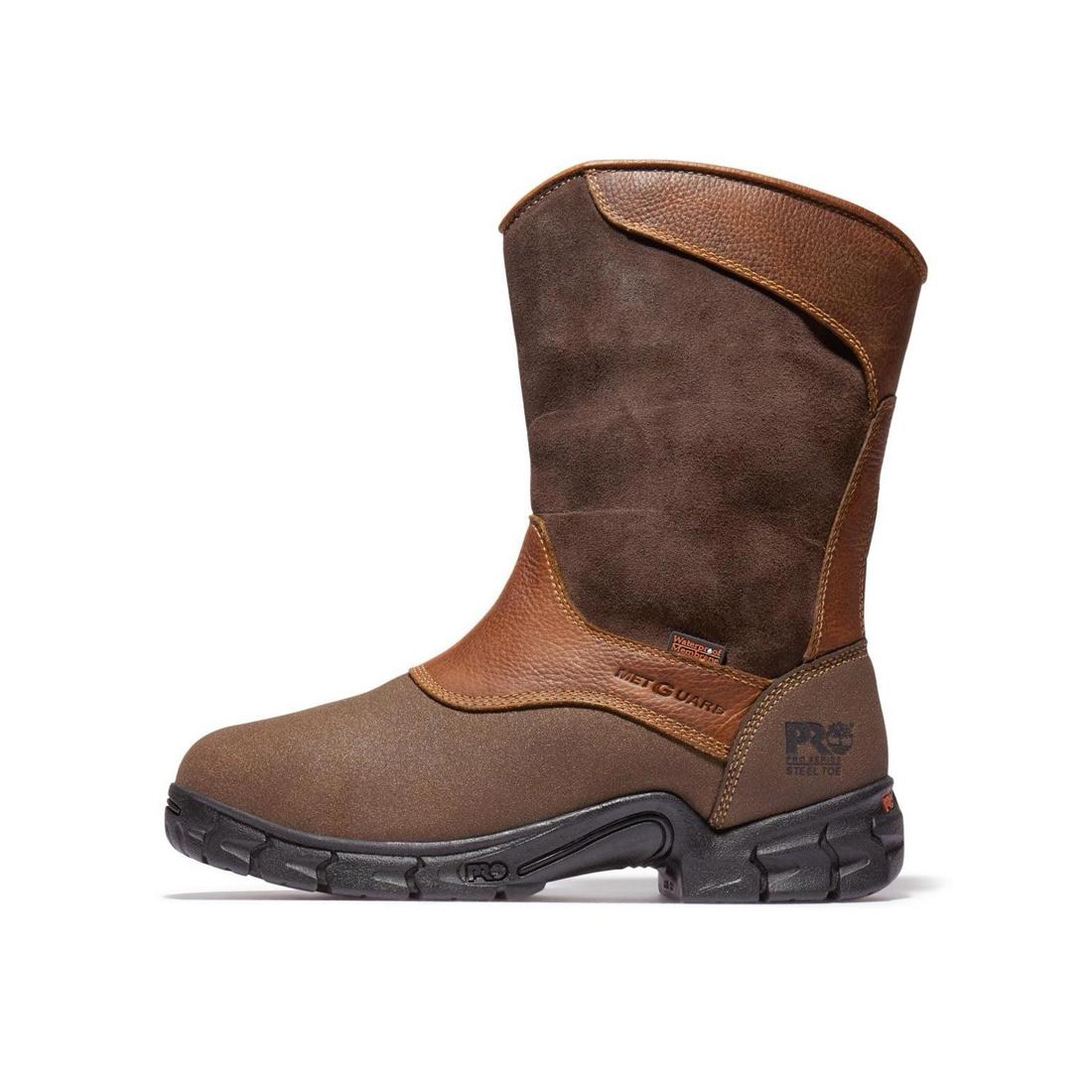 Excave Steel Toe Waterproof Pull-On Work Boots for Men - ANSI Safety Toe & Metatarsal Guard - Slip Resistant Brown Work Shoes for Construction, Warehouse & Industrial Use