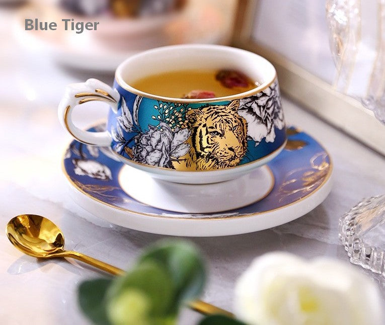 Unique Jungle Tiger Cheetah Porcelain Coffee & Tea Cups Set with Gold Trim - Elegant Ceramic Mugs with Saucers & Gift Box - Perfect for Home, Office & Gifting