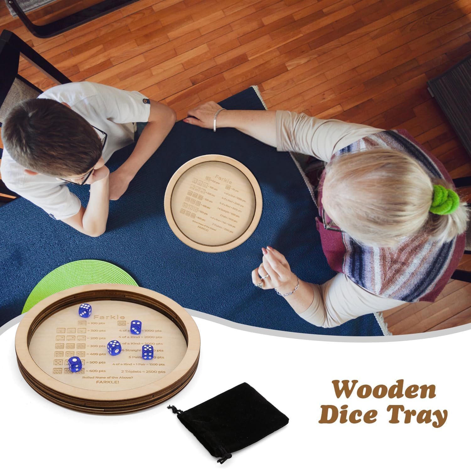 Premium Farkle Dice Game Set with Wooden Tray & Scoreboard - 12 Pearl Dice, Dry Erase Marker - Classic Family Board Game for Adults & Kids - Perfect for Camping Trips, Game Nights & Holiday Gatherings (14 Inch)