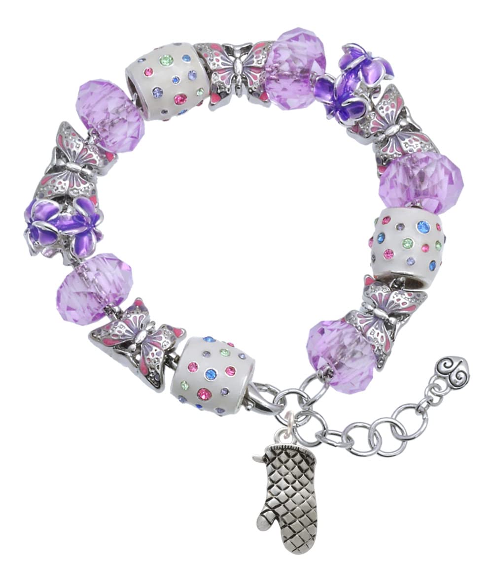 Delight Jewelry Silver-Tone Oven Mitt Purple Butterfly Beaded Charm Bracelet with 7