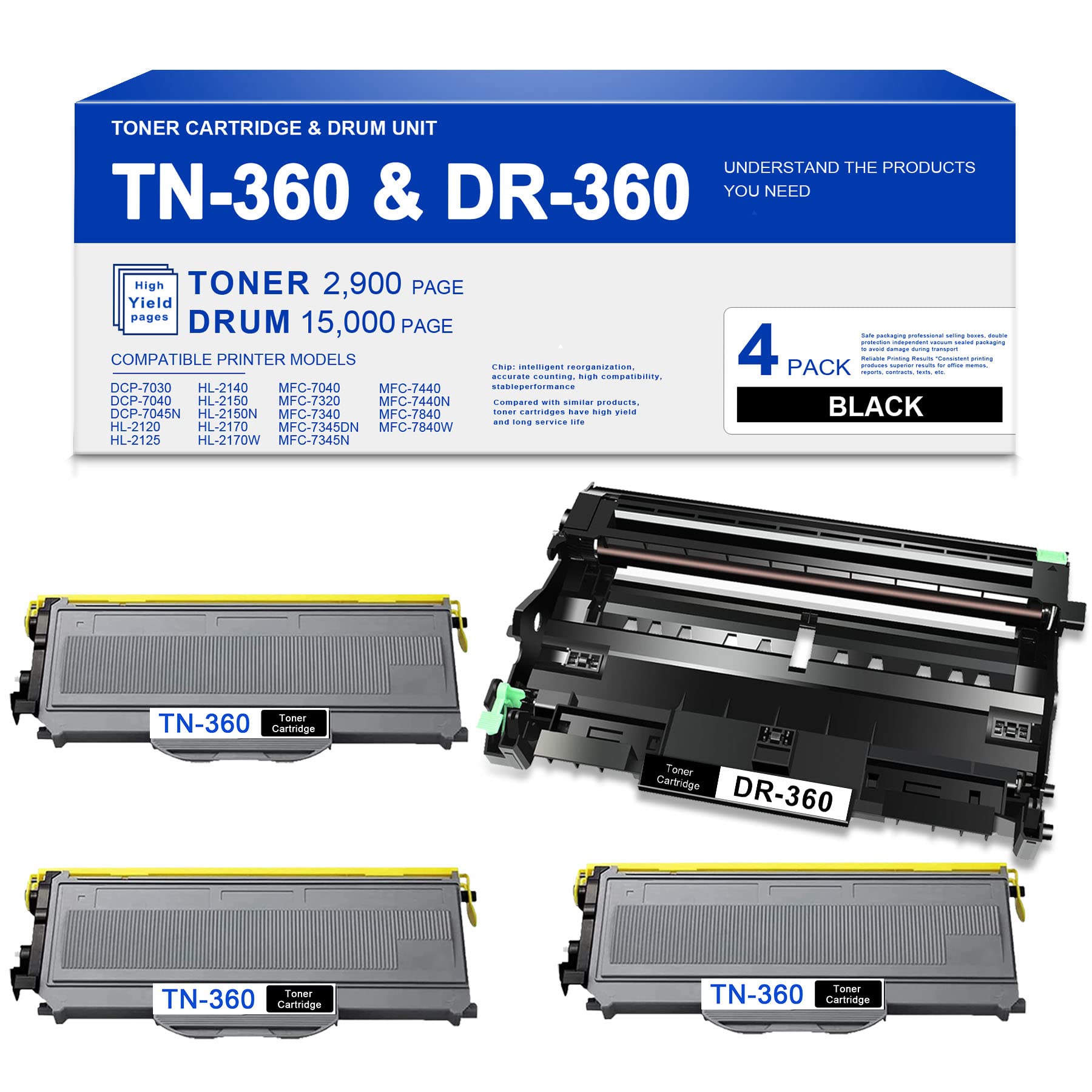 4-Pack Black TN360 Toner Cartridge & DR360 Drum Unit - Compatible with Brother DCP-7030/7040/7045N HL-2120/2125/2140/2150/2170 MFC-7040/7320/7340/7345DN/7440 Printers - High-Quality Replacement for TN-360 & DR-360 - Perfect for Home & Office Printing Needs