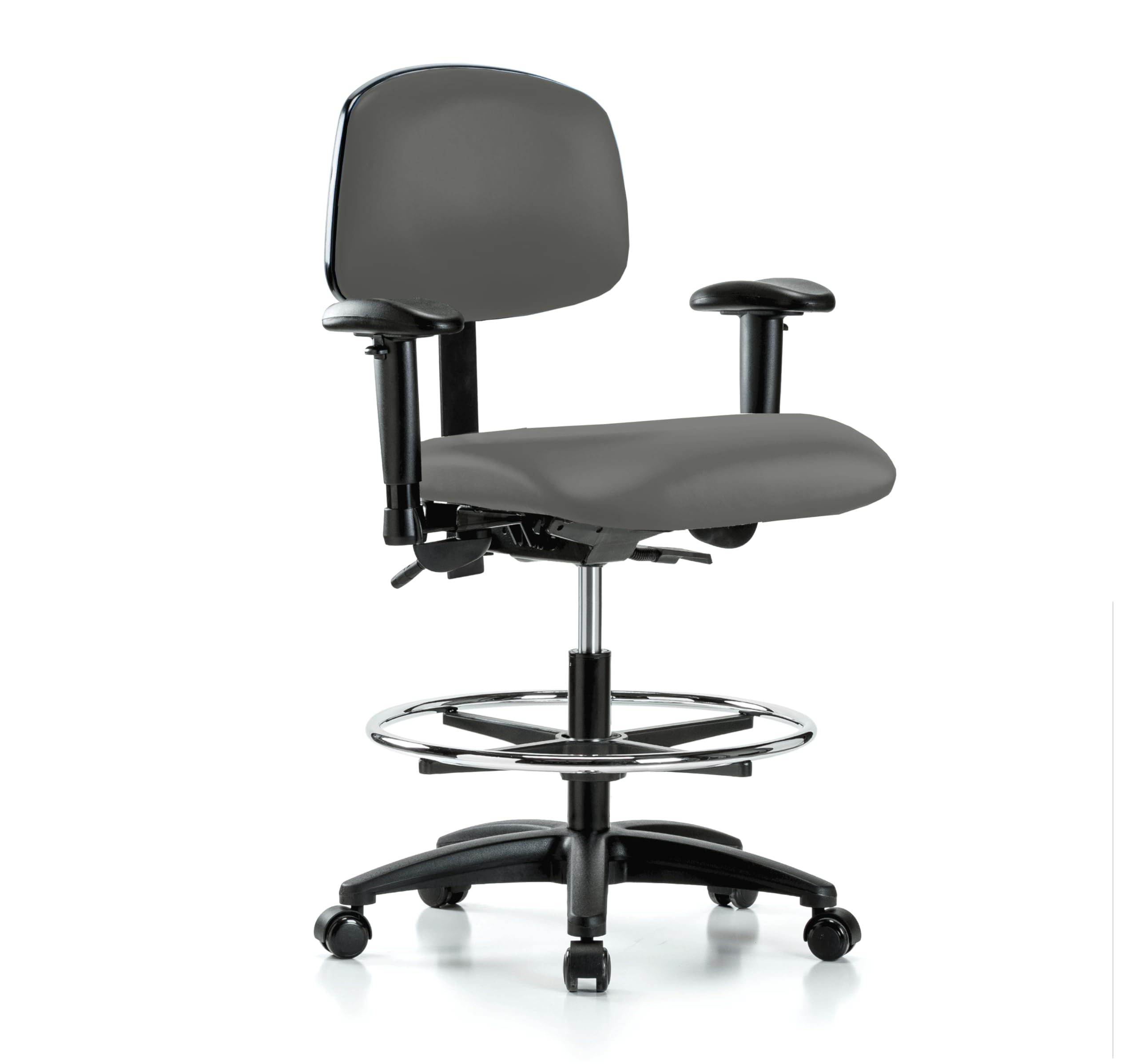 Perch Rolling Multi-Task Swivel Chair with Foot Ring - Adjustable Workbench Height, Charcoal Vinyl Upholstery for Hardwood & Tile Floors | Ideal for Workshops, Garages & Home Offices