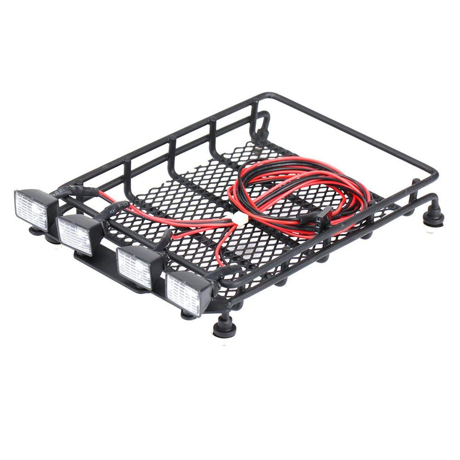 Voluxe 1/10 Scale RC Roof Rack with LED Light for Axial SCX10 RC Crawler Truck - 4 White Luggage Racks for Off-Road Adventure & RC Car Accessories
