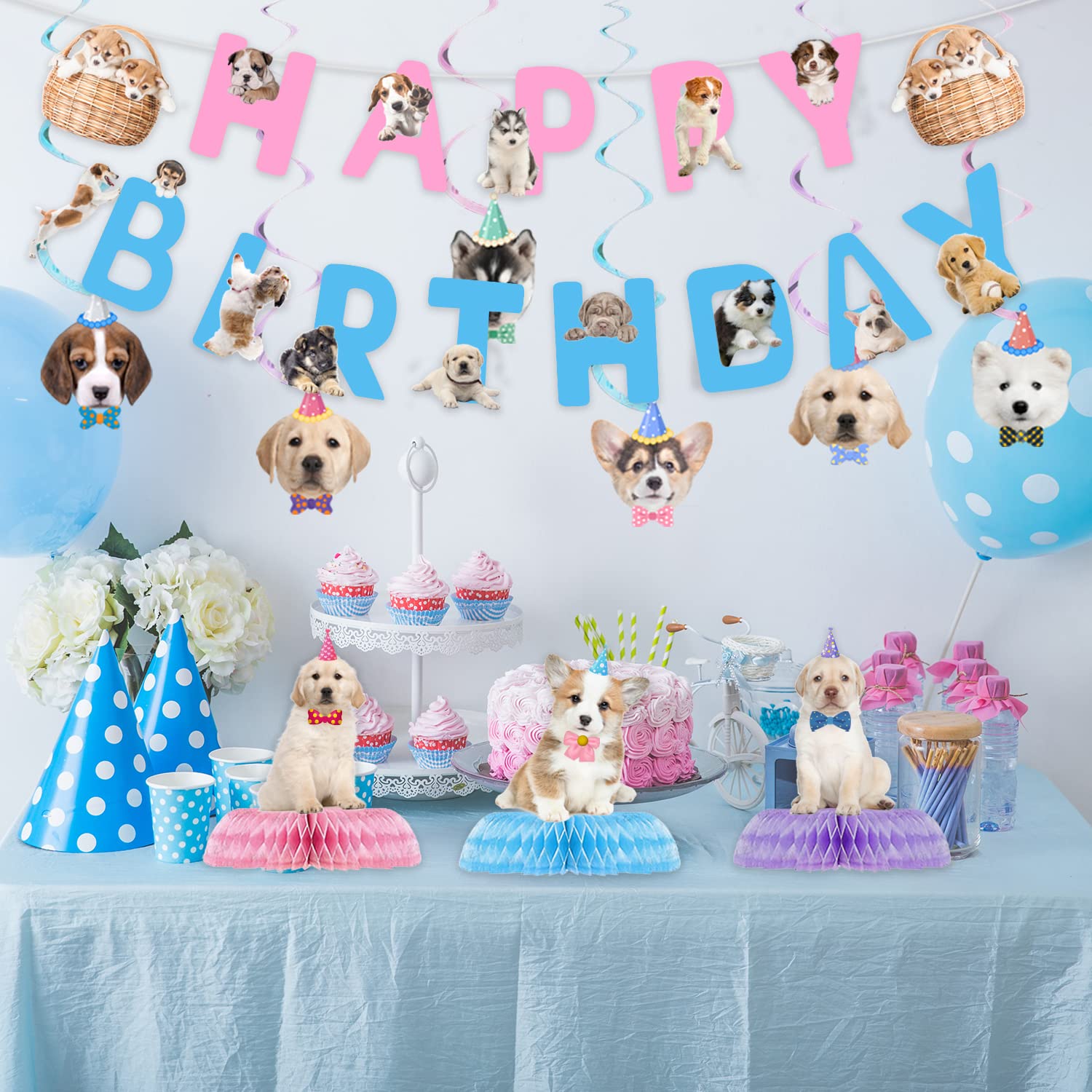 16 Pcs Dog Birthday Party Supplies Set - Includes Happy Birthday Banner, 6 Hanging Cutouts, 6 Swirl Decorations & 3 Honeycomb Centerpieces for Puppy Themed Party | Perfect for Dog Birthday Celebrations, Pet Adoption Events & Puppy Shower Decorations