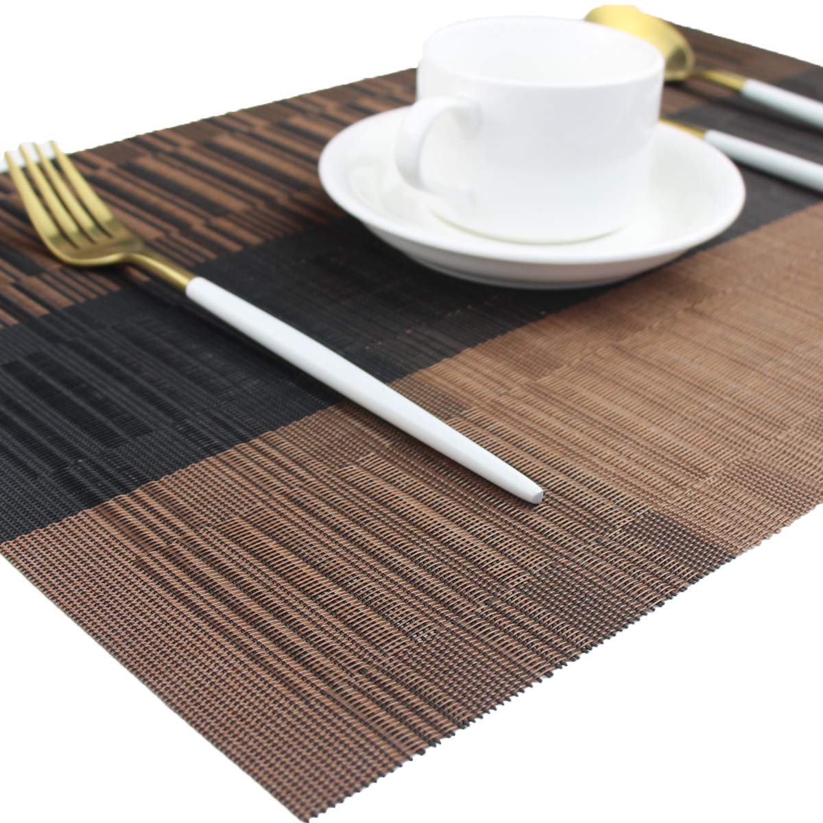 PIGCHCY Washable Vinyl Woven Placemats - Set of 6 Elegant & Durable Table Mats for Dining Room, Kitchen, or Outdoor Use (Bamboo-Brown)
