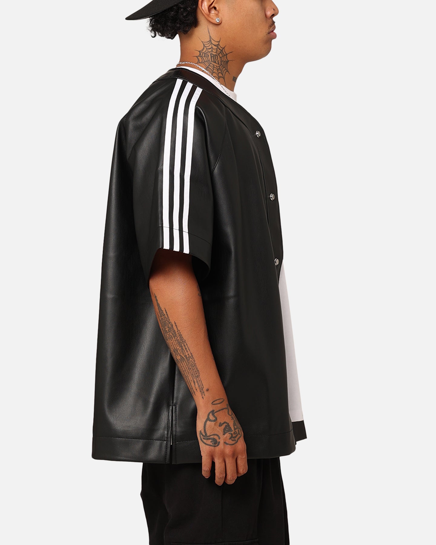 Adidas Faux Leather Adicolor 3 Stripes Baseball T-Shirt for Men - Black Casual Shirt for Streetwear, Sports & Everyday Outfits