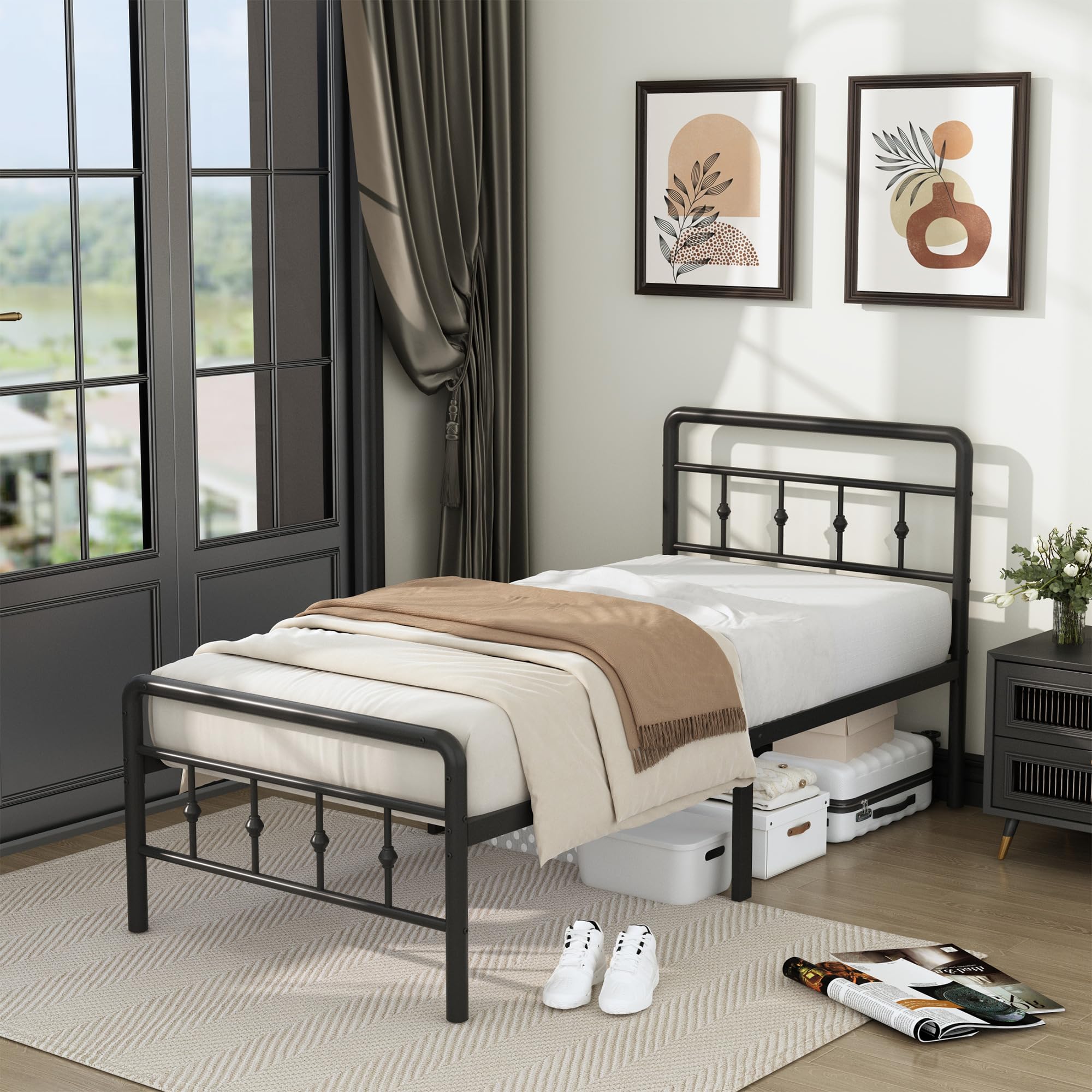 Classic Victorian Style Metal Twin Bed Frame with Headboard & Footboard - 16 Inch Heavy Duty Platform, No Box Spring Needed - Perfect for Guest Rooms, Kids' Bedrooms & Under Bed Storage