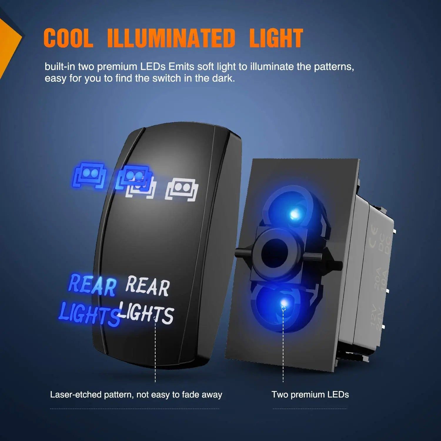5Pin Laser On/Off Rocker Switch with Blue LED - Waterproof Marine Boat ATV RV Motorcycle Light Control for Dashboard & Panel Installation