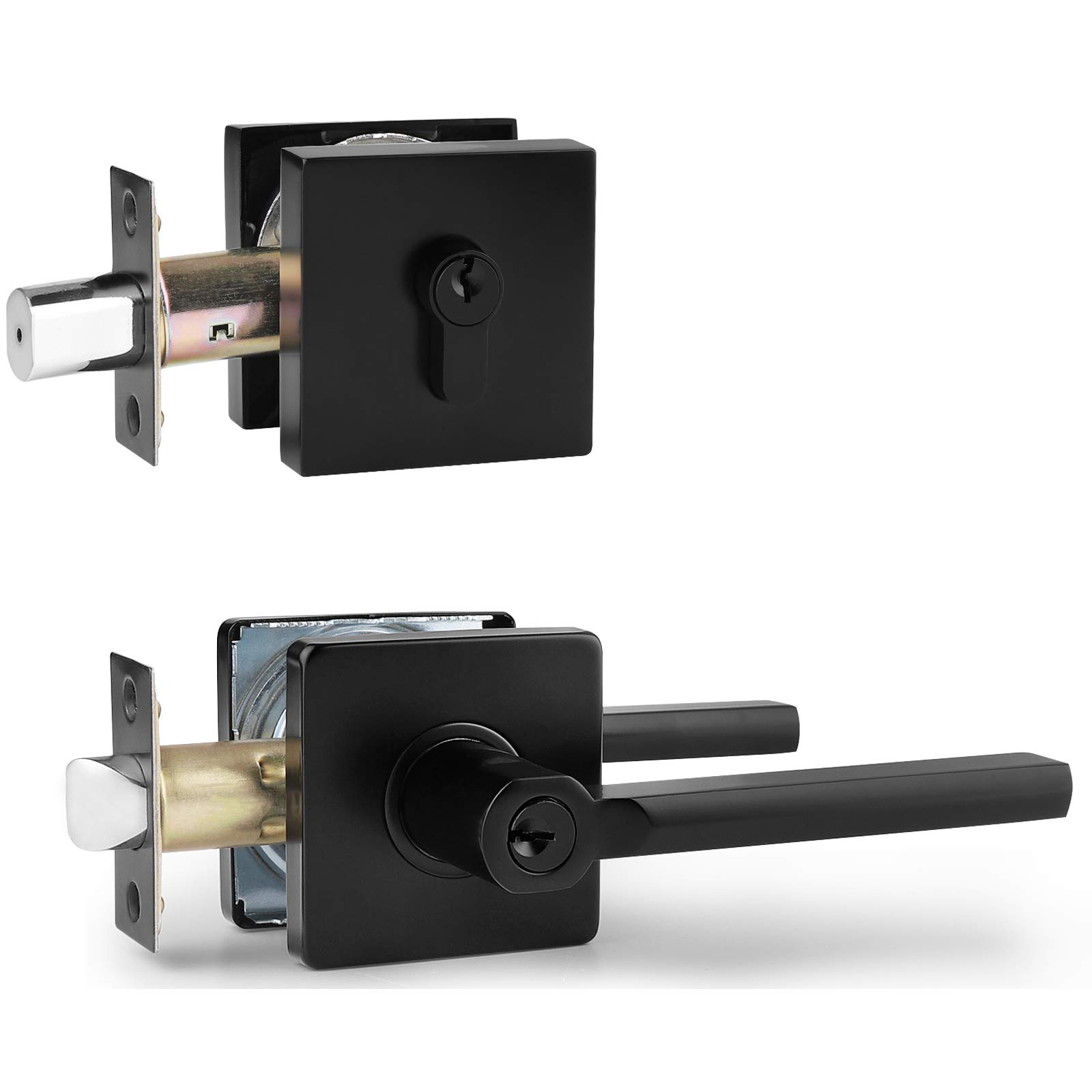 Probrico 5-Piece Entry Door Lever & Double Cylinder Deadbolt Combo Set - Black Square Handle Keyed Alike Security Handleset for Front Doors | Perfect for Home, Office & Apartment Entrance Security