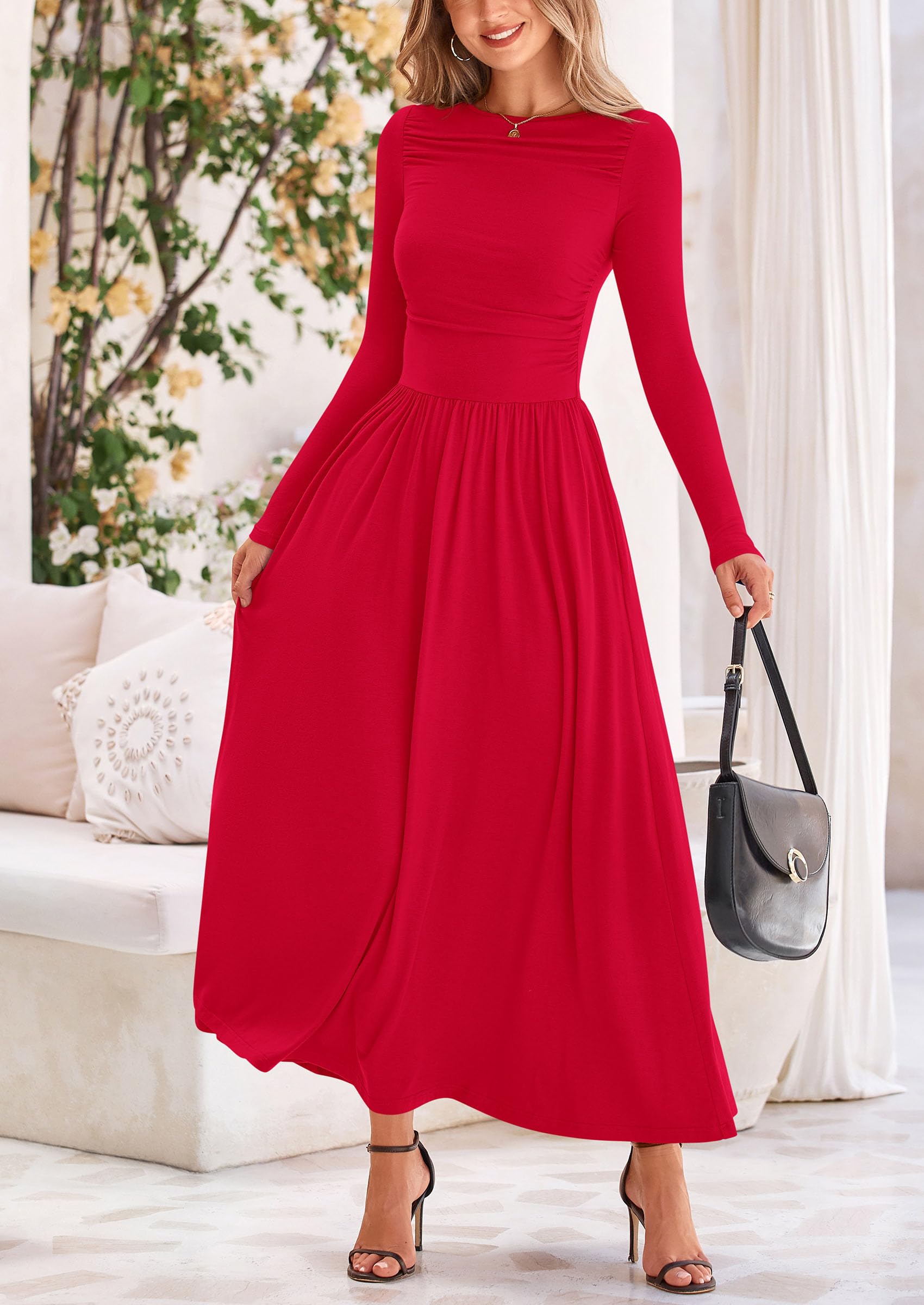 PRETTYGARDEN Women's 2025 Spring Long Sleeve Maxi Dress - Crewneck Ruched A-Line Flowy Elegant Modest Dress for Casual Wear, Church, Wedding Guest & Special Occasions