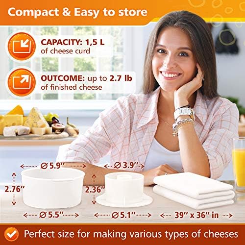 Grand Way Cheese Mold Kit with Follower & Reusable Cheesecloth - 100% Cotton Cheese Making Supplies for Pressing & Straining - Perfect for Homemade Paneer, Ricotta & Hard Cheeses - DIY Cheese Press Set for Beginners & Artisans