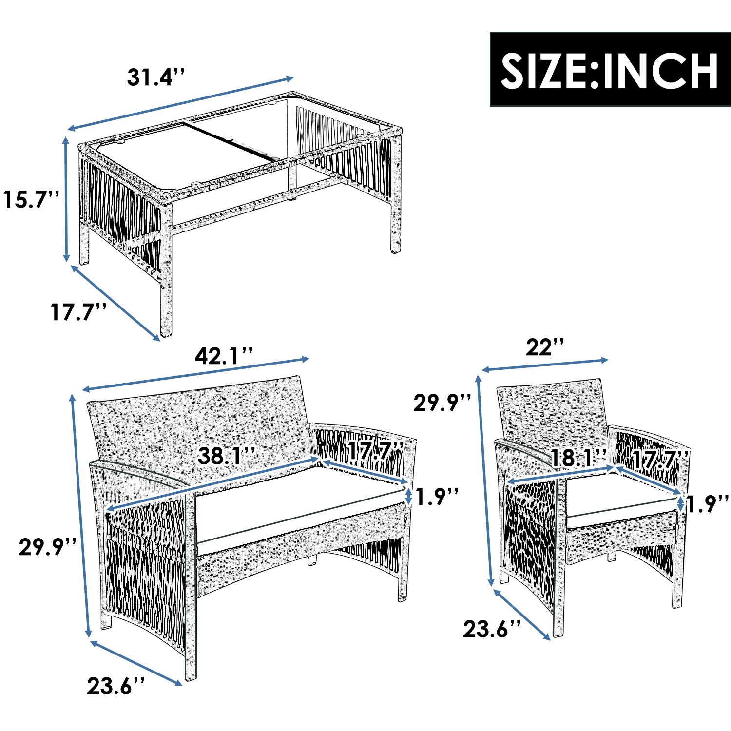 4-Piece Outdoor Rattan Patio Furniture Set - Wicker Sofa, Chair & Table for Garden, Backyard, Porch, Poolside - Brown - Perfect for Relaxing, Entertaining & Outdoor Dining