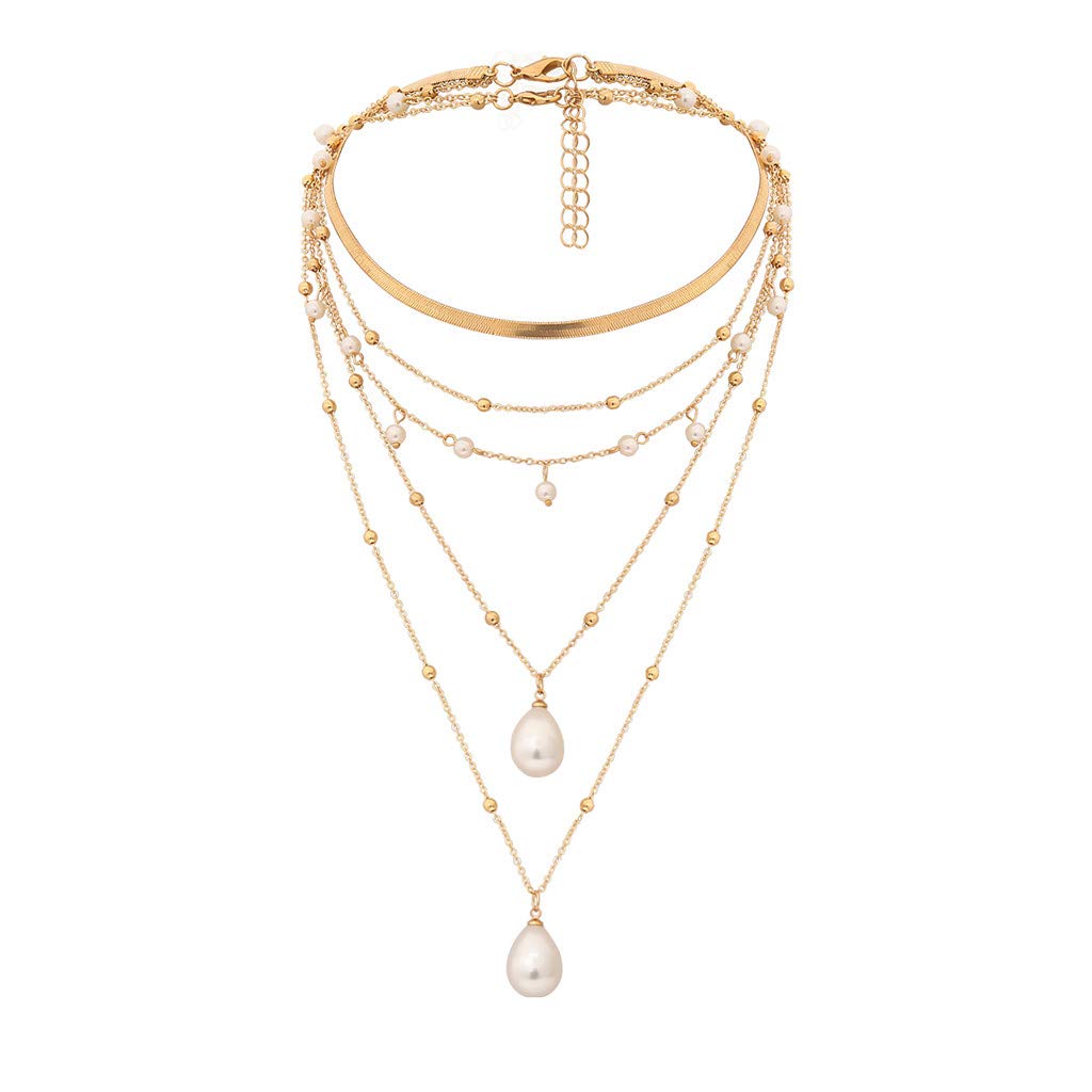 Women's Layered Pearl Necklace - Gold Beaded Rice Jewelry with Metal Pendant, Vintage Multilayer Beads Necklace for Women, Perfect Gift for Her - Elegant for Date Night, Wedding, Party & Everyday Wear (One Size)