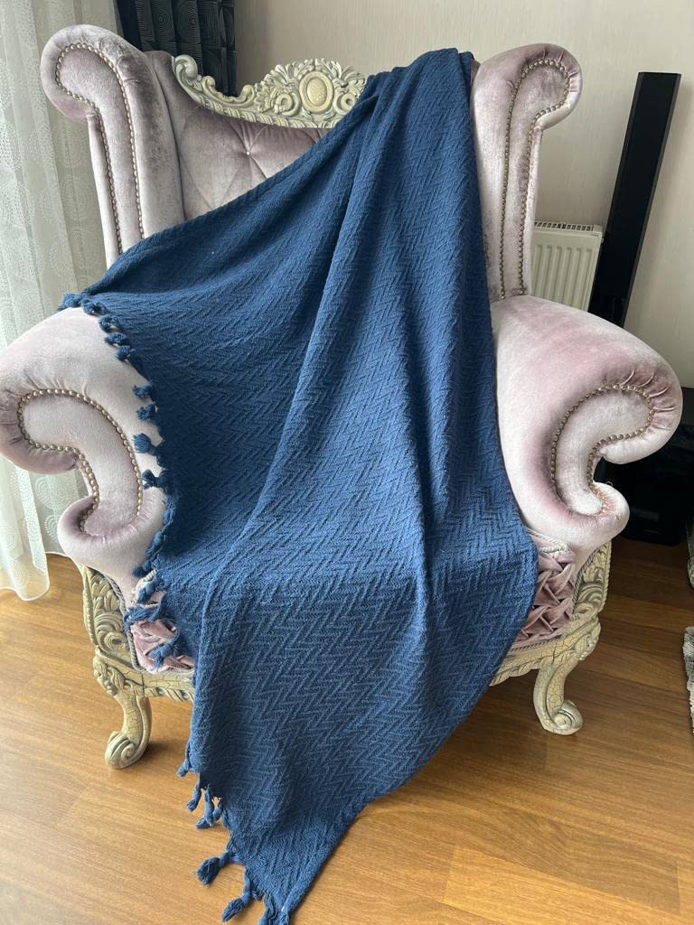 EVALAND 48x60 Inches Turkish Cotton Blanket - Ultra Soft Machine Washable Throw Blanket for Bed, Couch, Sofa & Travel - Dark Navy Blue Cozy Blanket for Home, Office & Gifts