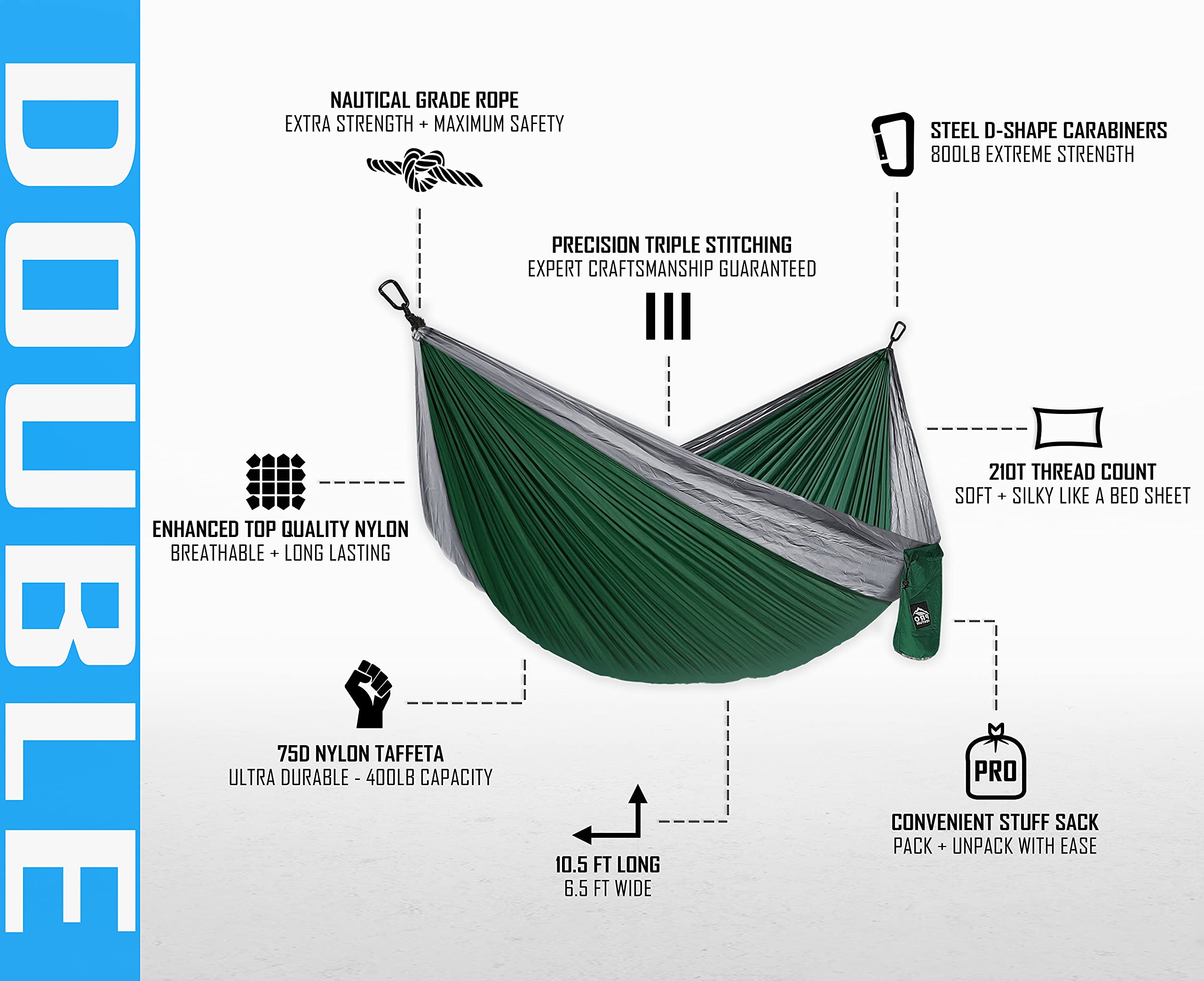 Double Camping Hammock - 10.5 x 6.5 FT Large 2-Person Hammock with 9ft Tree Straps & 2 Carabiners - Lightweight Portable Parachute Nylon 210T for Backpacking, Hiking, Travel, Outdoor Relaxation - Perfect for Camping, Beach, Backyard & Patio Use