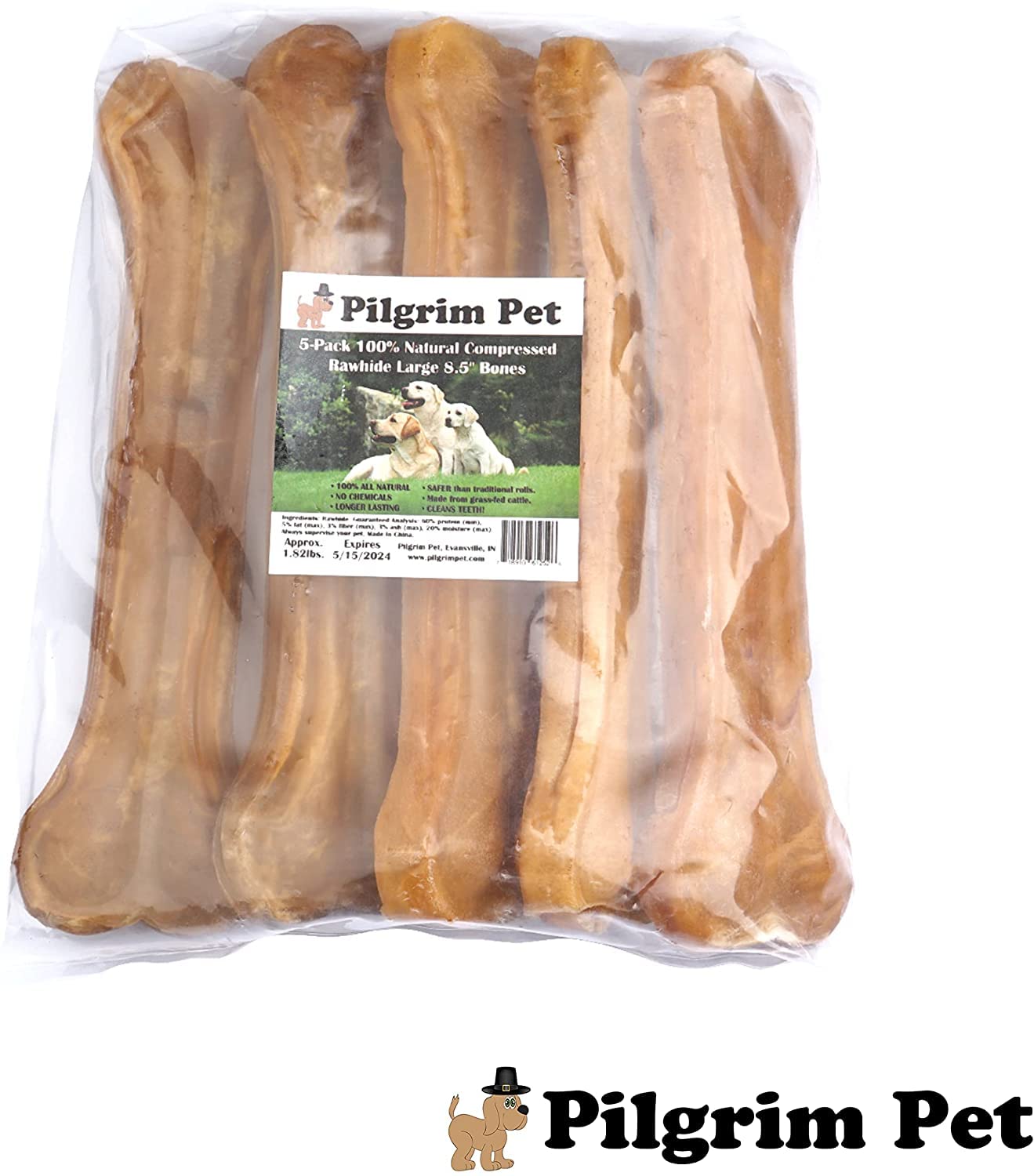 Premium 5-Pack Compressed Rawhide Dog Bones - 100% All Natural, Long-Lasting Chew Treats for Aggressive Chewers (Large Size ~8.5