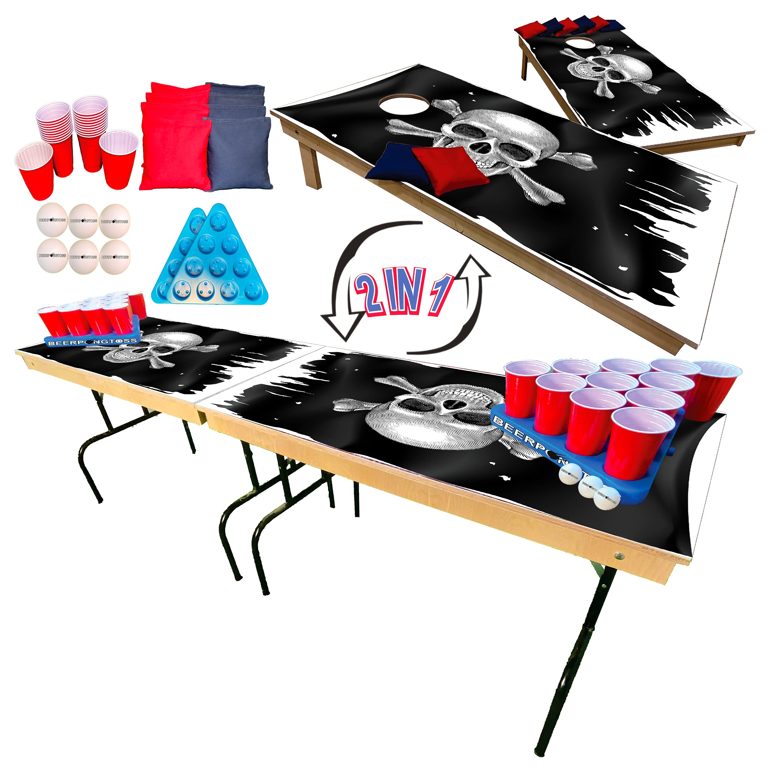 2-in-1 Cornhole & Tailgate Pong Game Table Set with Pirate Flag Design - 8Ft Portable Party Game for College, Backyard, Tailgating & Outdoor Events - Includes 4x2Ft Cornhole Boards, 8 Bags, 22 Cups, 6 Balls & 2 Racks - Perfect for BBQs, Beach Parties & Game Nights