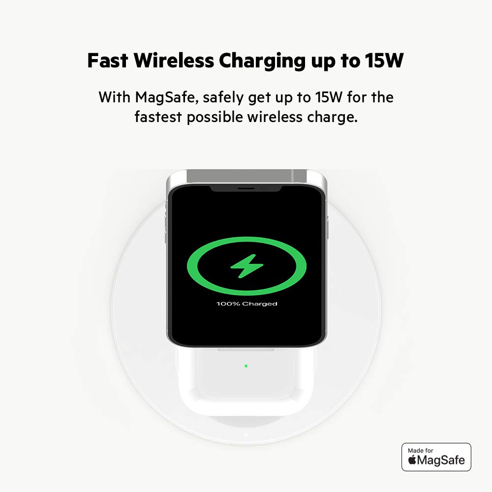Belkin MagSafe 2-in-1 Wireless Charger Stand - 15W Fast Charging for iPhone 13/12/Pro/Pro Max/Mini & AirPods | Perfect for Bedside, Office Desk & Travel Charging