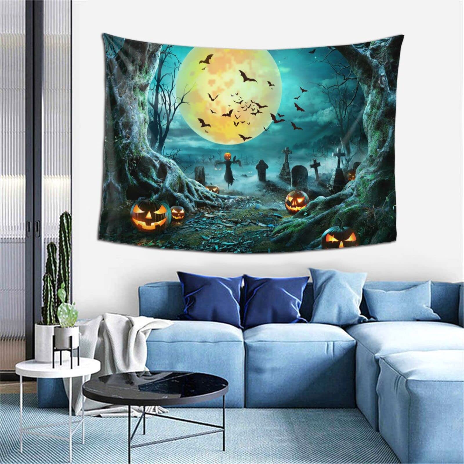 Vthxloi Halloween Tapestry Wall Decor - Spooky Moon & Pumpkin Design Hippie Aesthetic Wall Hanging for Dorm, Bedroom, Living Room (60x40 Inches) - Perfect for Halloween Party Decorations & Boho Home Decor