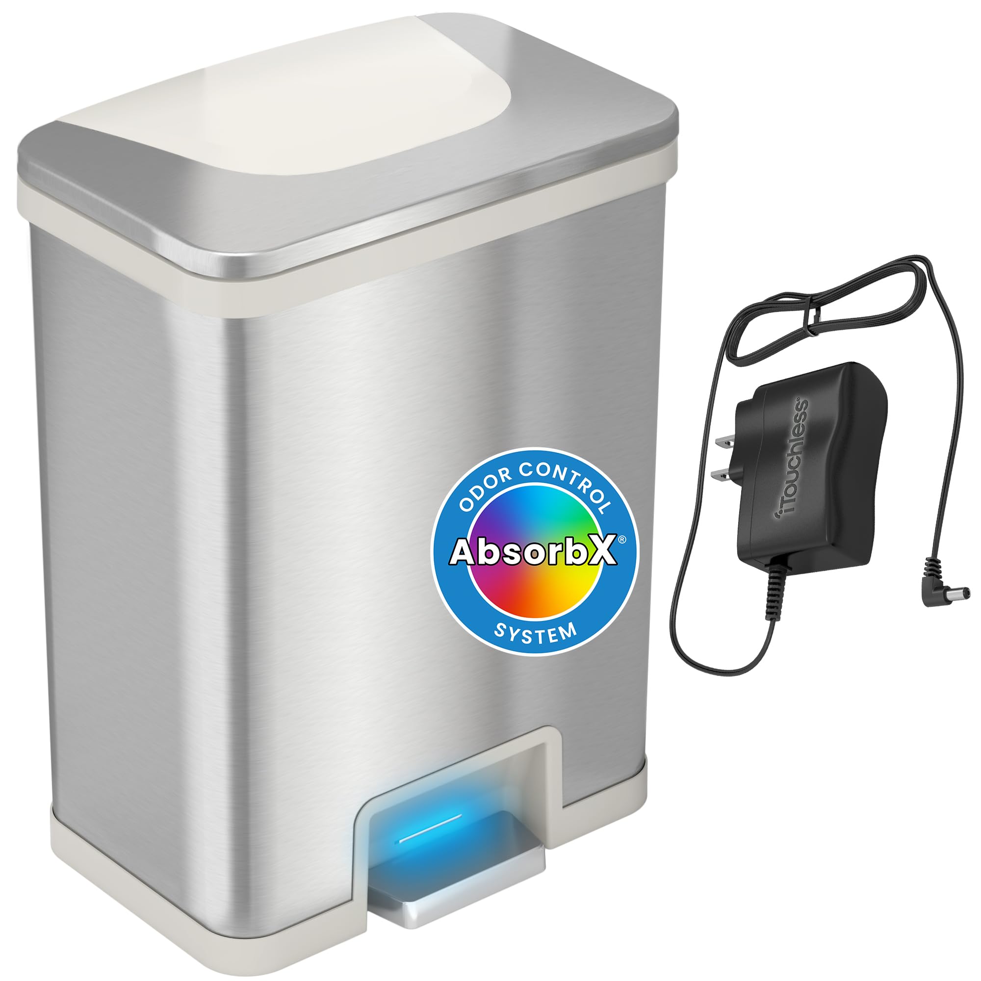 iTouchless 13 Gallon Automatic Step Sensor Trash Can with Odor Control - Stainless Steel Touchless Kitchen Garbage Bin, Battery-Free Operation, White (ITAS13WAC) - Perfect for Modern Kitchens, Offices, and Eco-Friendly Homes