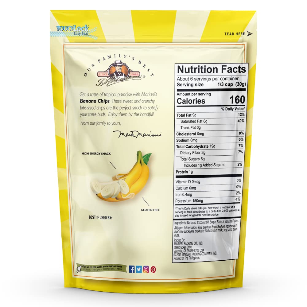 Mariani Banana Chips | Crunchy Dried Fruit Snacks | Healthy Vegan & Gluten-Free Snacks for Kids & Adults | 6oz Pack of 4 | Perfect for Lunchboxes, Hiking & On-the-Go Snacking