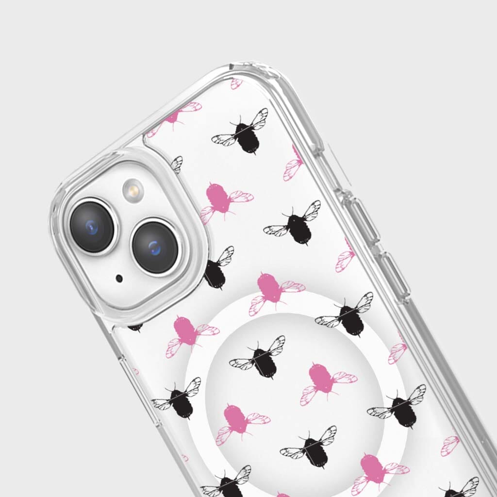 iPhone 13 Clear Case with Black & Pink Bumble Design - Slim Protective Phone Cover for Women & Girls - Perfect for Everyday Use, Work & School