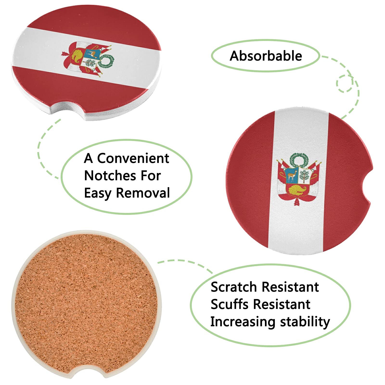 Peru Flag Car Coasters 2 Pack - Absorbent Drink Coasters for Cars - Cute Car Accessories for Women - Perfect for Road Trips, Commuting & Protecting Your Cup Holders