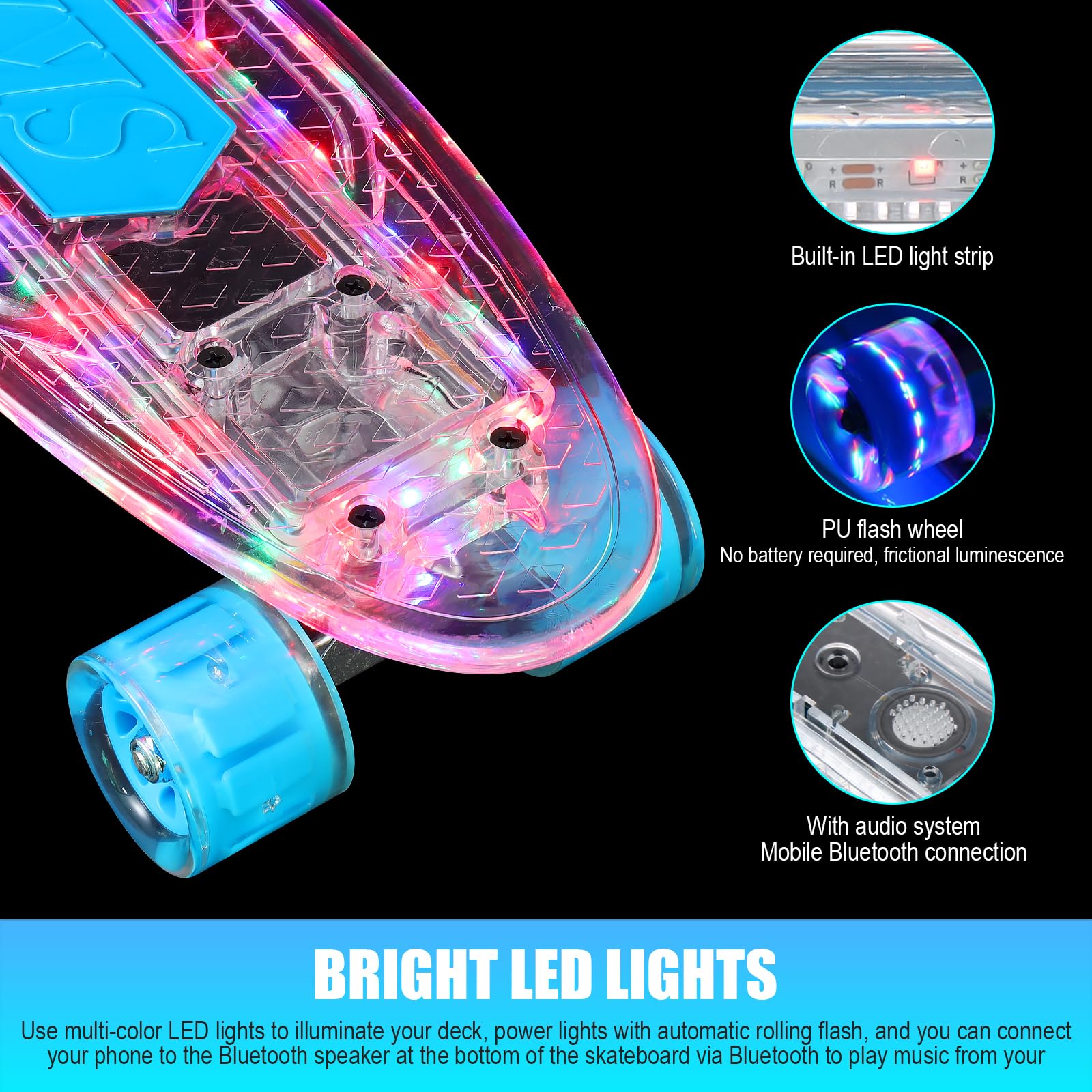 **22 Inch LED Light Up Skateboard - Complete Retro Mini Cruiser for Kids & Beginners | Smooth Riding, Durable Polypropylene Deck & PU Wheels | Perfect for Commuting, Tricks & Night Skating**