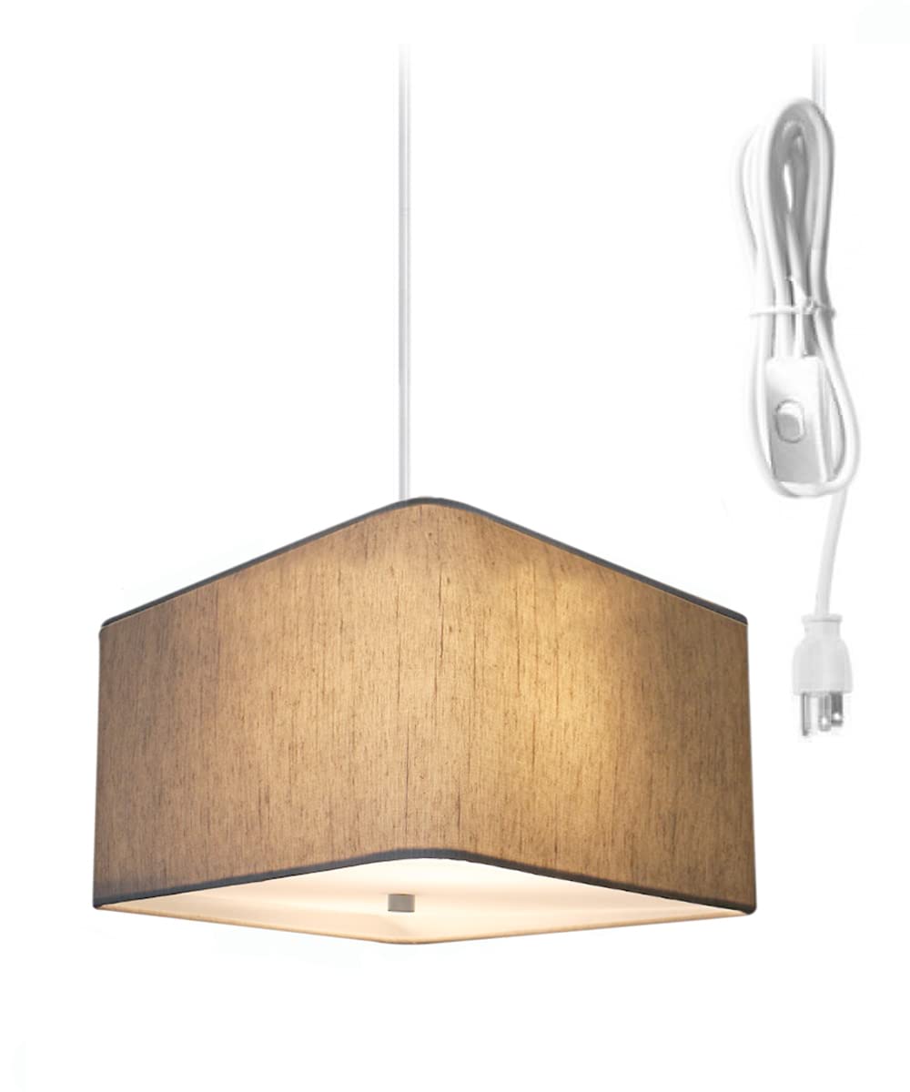 HomeConcept 2-Light Plug-in Swag Pendant with Diffuser - 14 Inch Textured Oatmeal Shade & White Cord | Perfect for Kitchen Island, Dining Room, or Bedroom Lighting